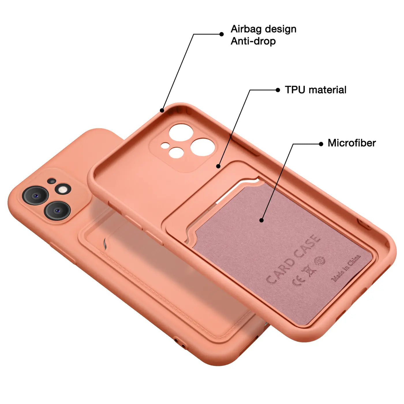 Orange TPU Hülle mit Kartenfach, Innenfutter aus Mikrofaser, für iPhone 11.