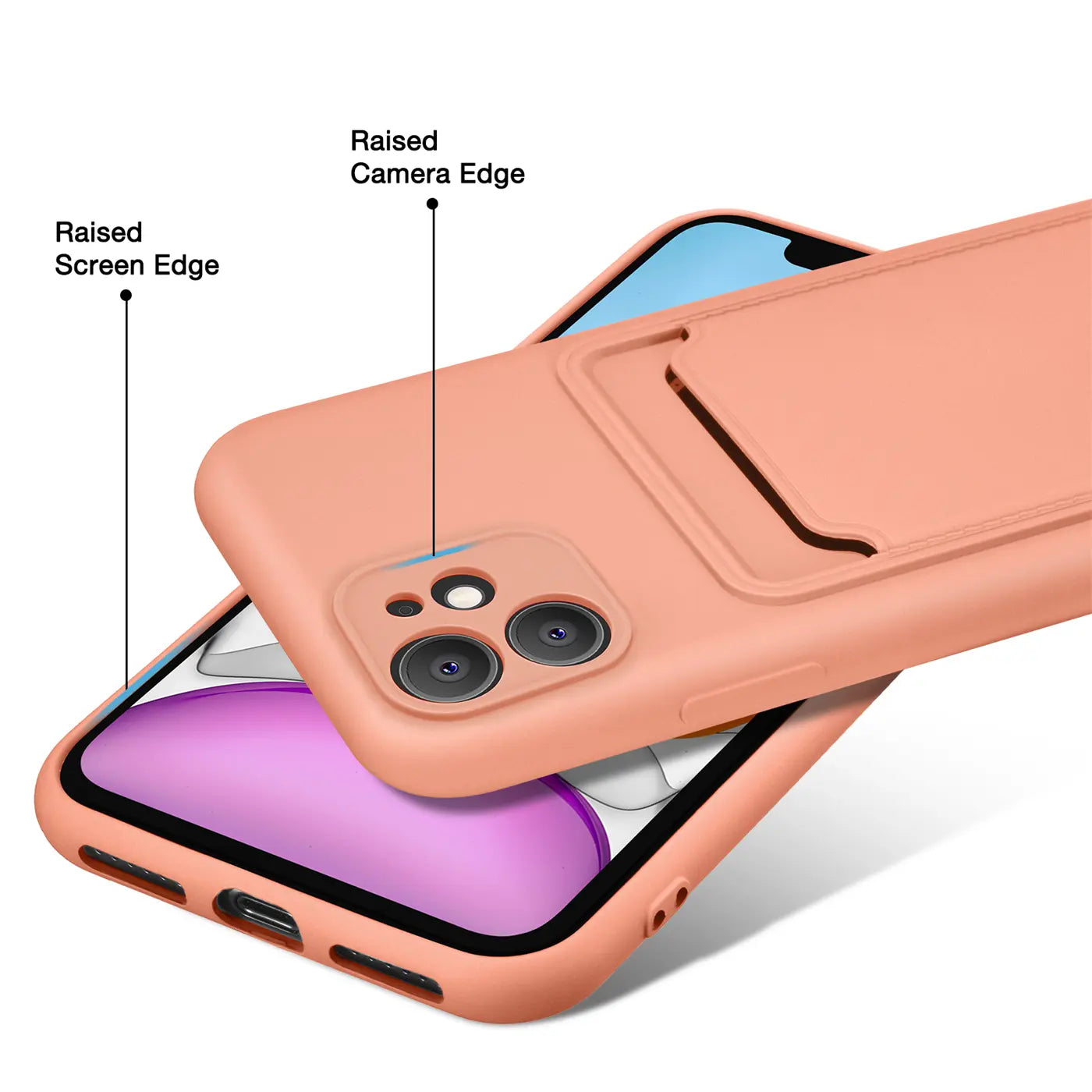 Pfirsichfarbene Hülle aus Silikon mit Kartenfach, zeigt iPhone 11 Rückseite, von schräg oben.