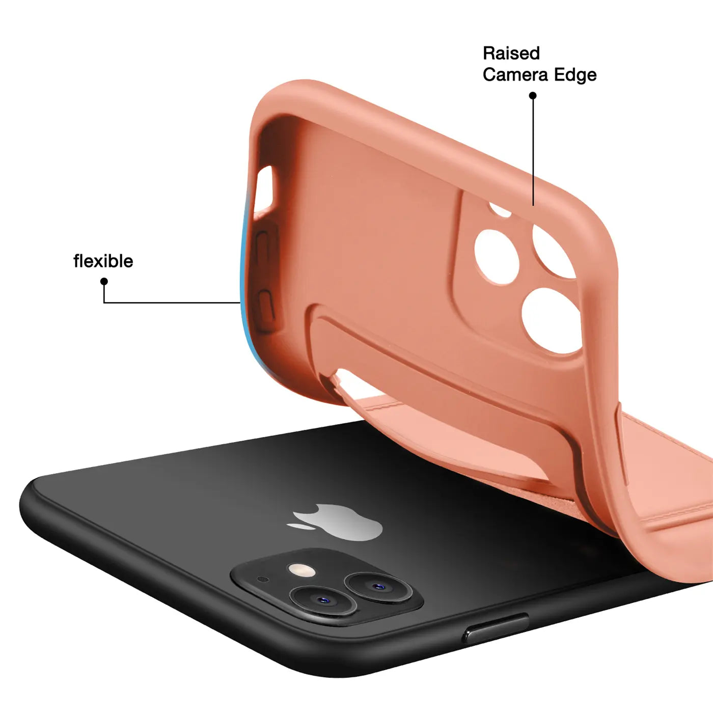 Korallefarbene, flexible Hülle mit Kartenfach, von oben auf ein iPhone 11 aufgesetzt