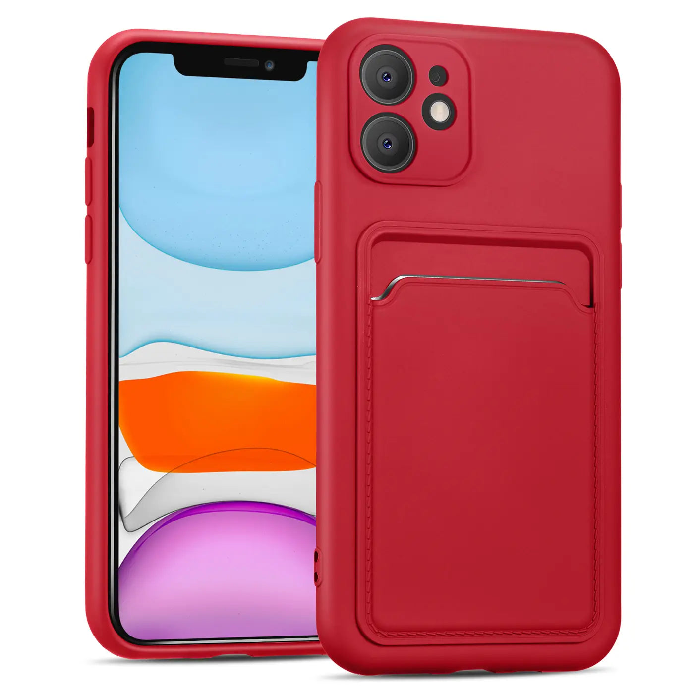 Rote Slim Hülle aus Leder mit Kartenfach für iPhone 11, von vorne und hinten gezeigt.