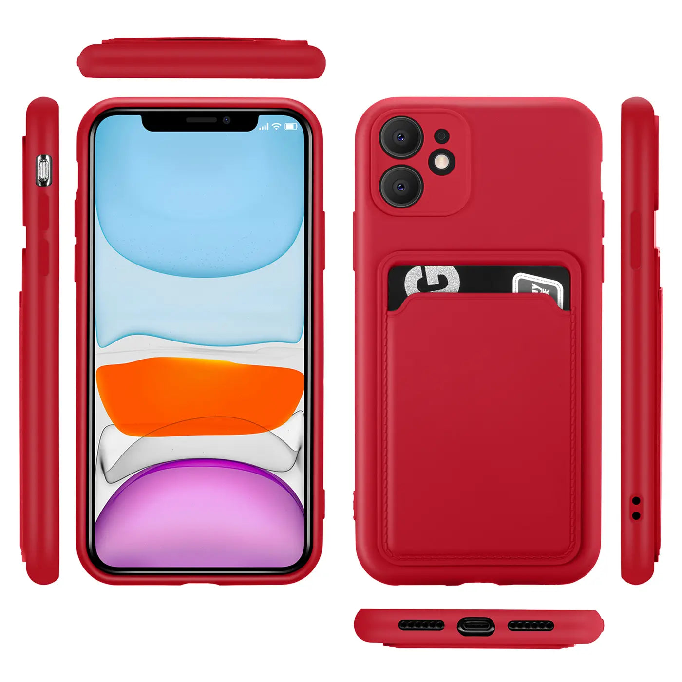 Rote Slim Hülle mit Kartenfach für iPhone 11, verschiedene Ansichten.