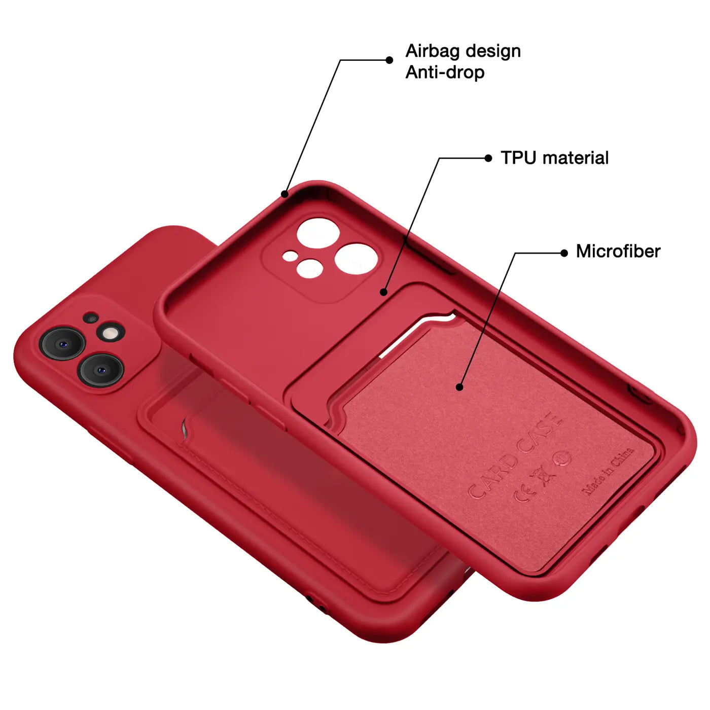 Rote TPU-Hülle mit Kartenfach für iPhone 11, von innen und außen gezeigt.