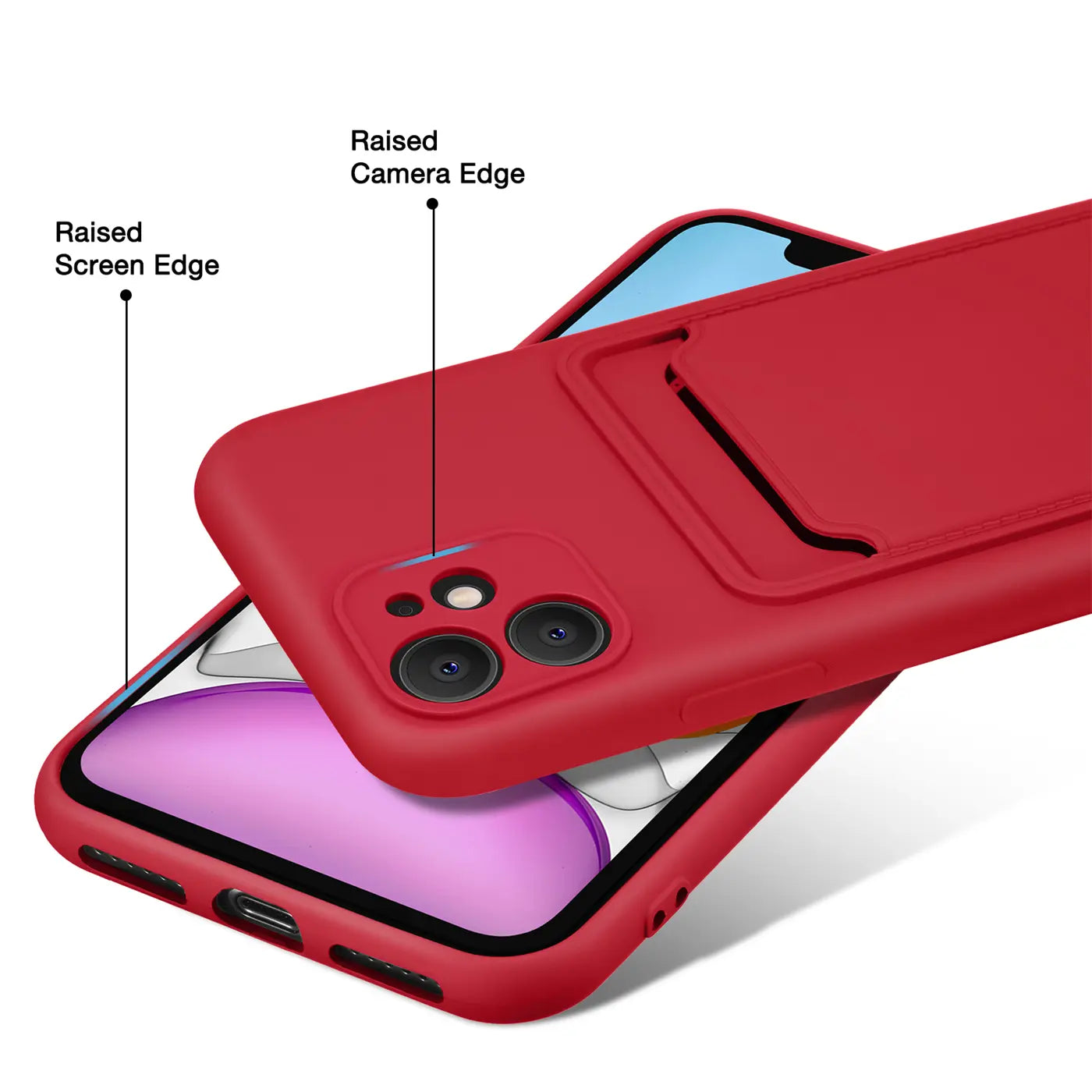 Rote Slim Hülle mit Kartenfach für iPhone 11, von schräg oben gezeigt.