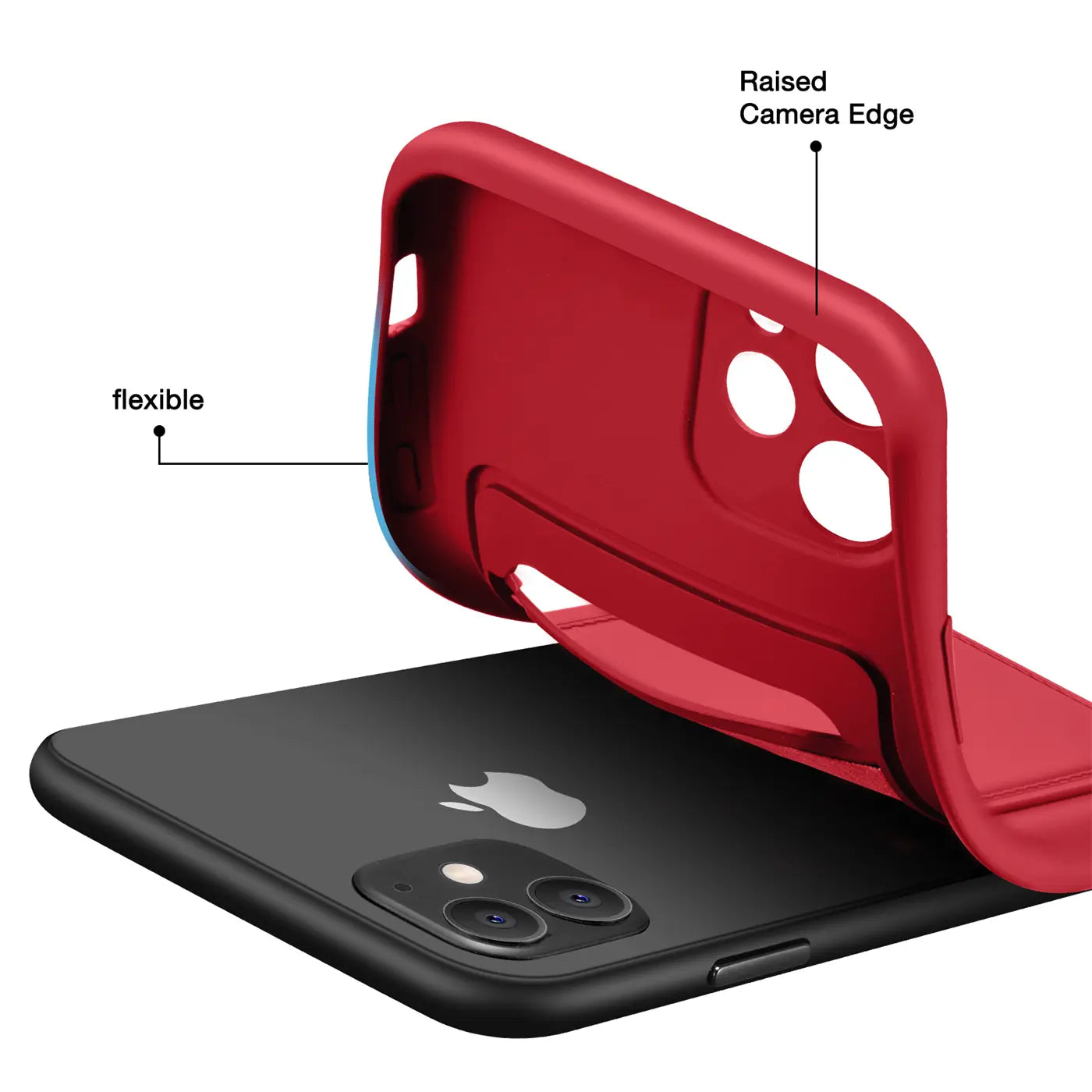 Rote flexible Hülle mit Kartenfach über schwarzem iPhone 11, von oben/seitlich.