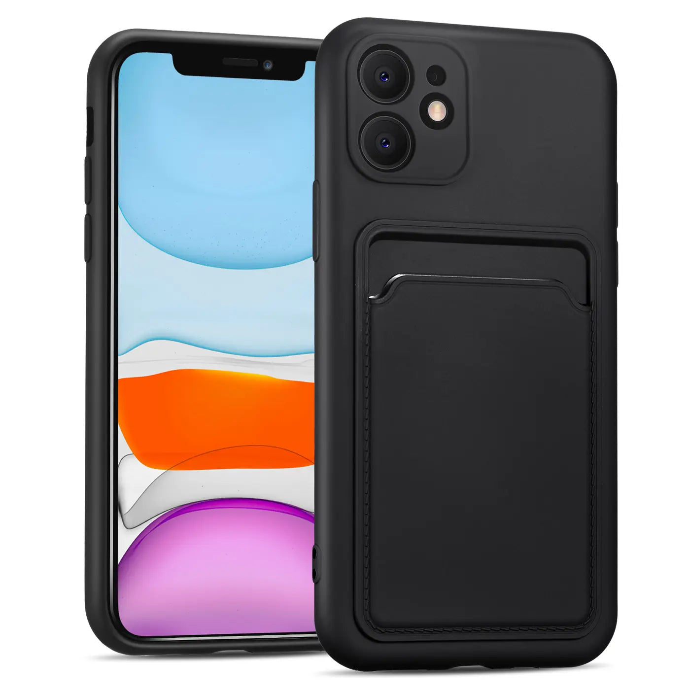 Schwarze Slim Hülle aus Kunststoff mit Kartenfach für iPhone 11, von vorne leicht schräg
