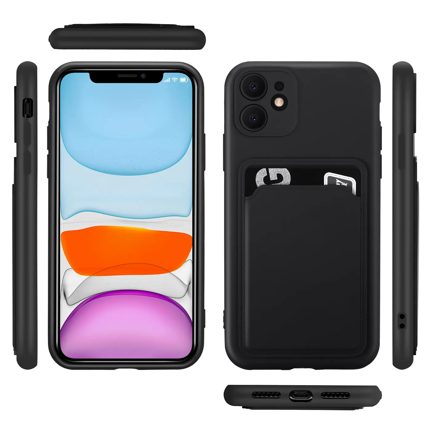 Schwarze Slim Hülle mit Kartenfach für iPhone 11, verschiedene Ansichten