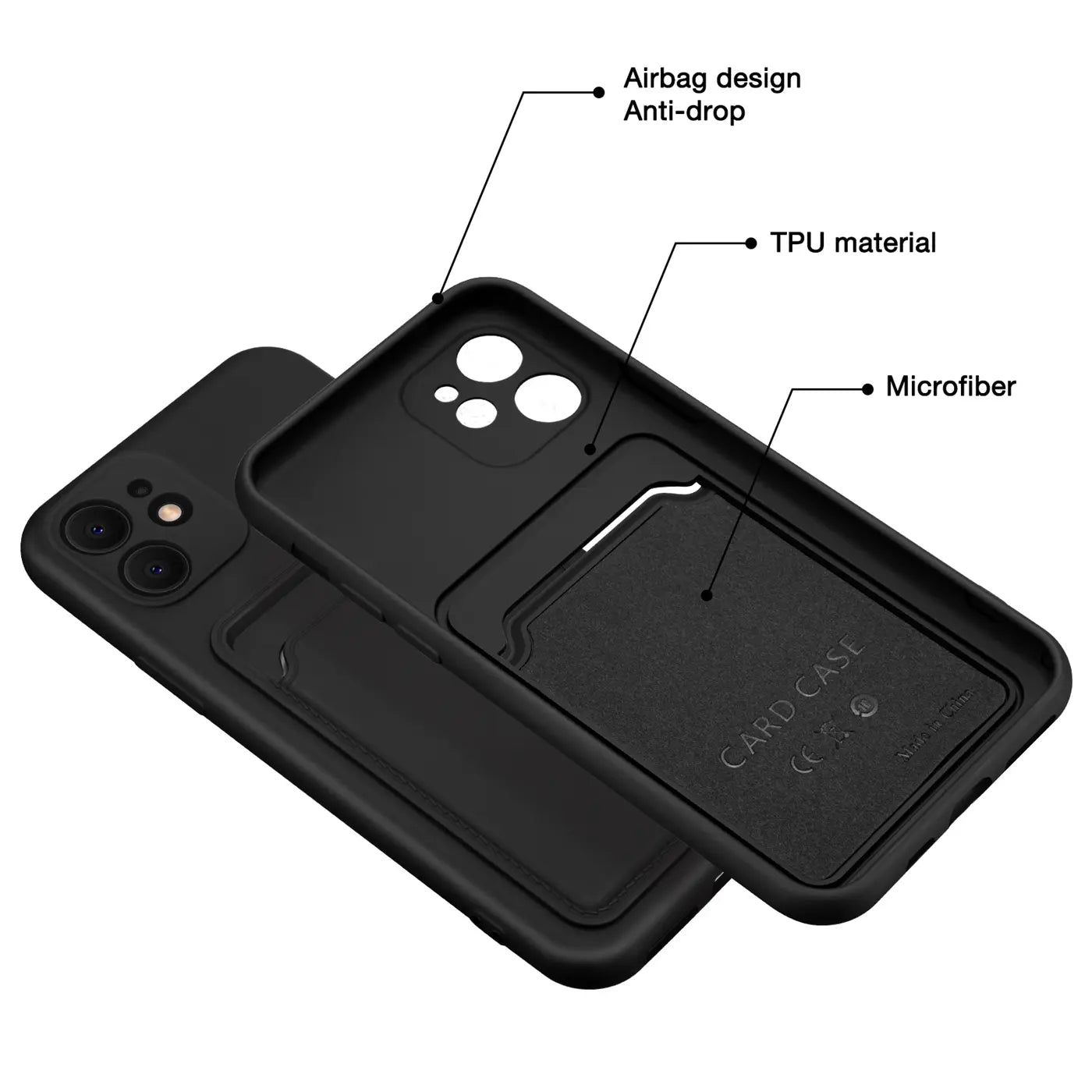 Schwarze TPU-Hülle mit Kartenfach für iPhone 11, von schräg oben gezeigt.