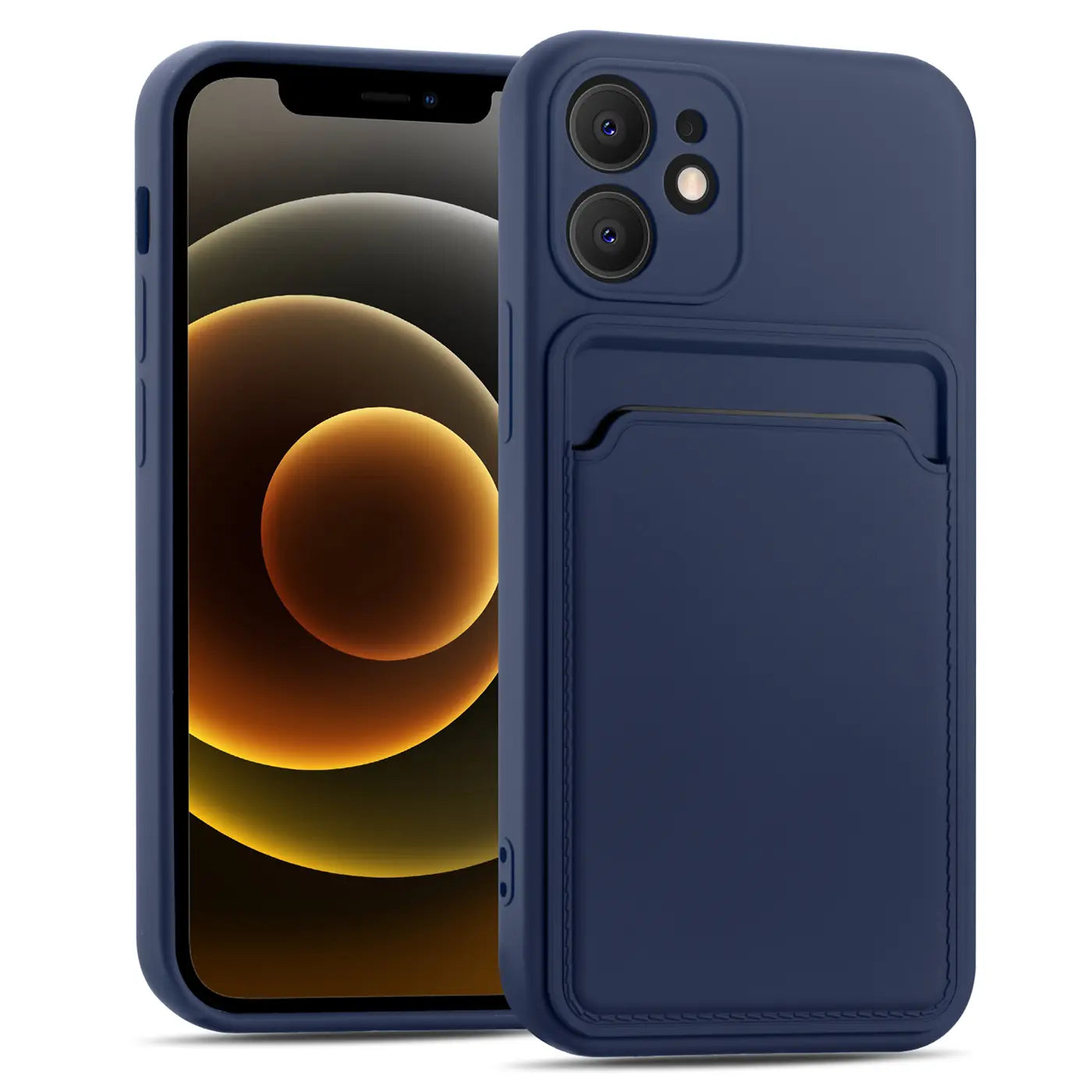 Dunkelblaue Slim Hülle aus Kunststoff mit Kartenfach, iPhone 12 Mini, von vorne links