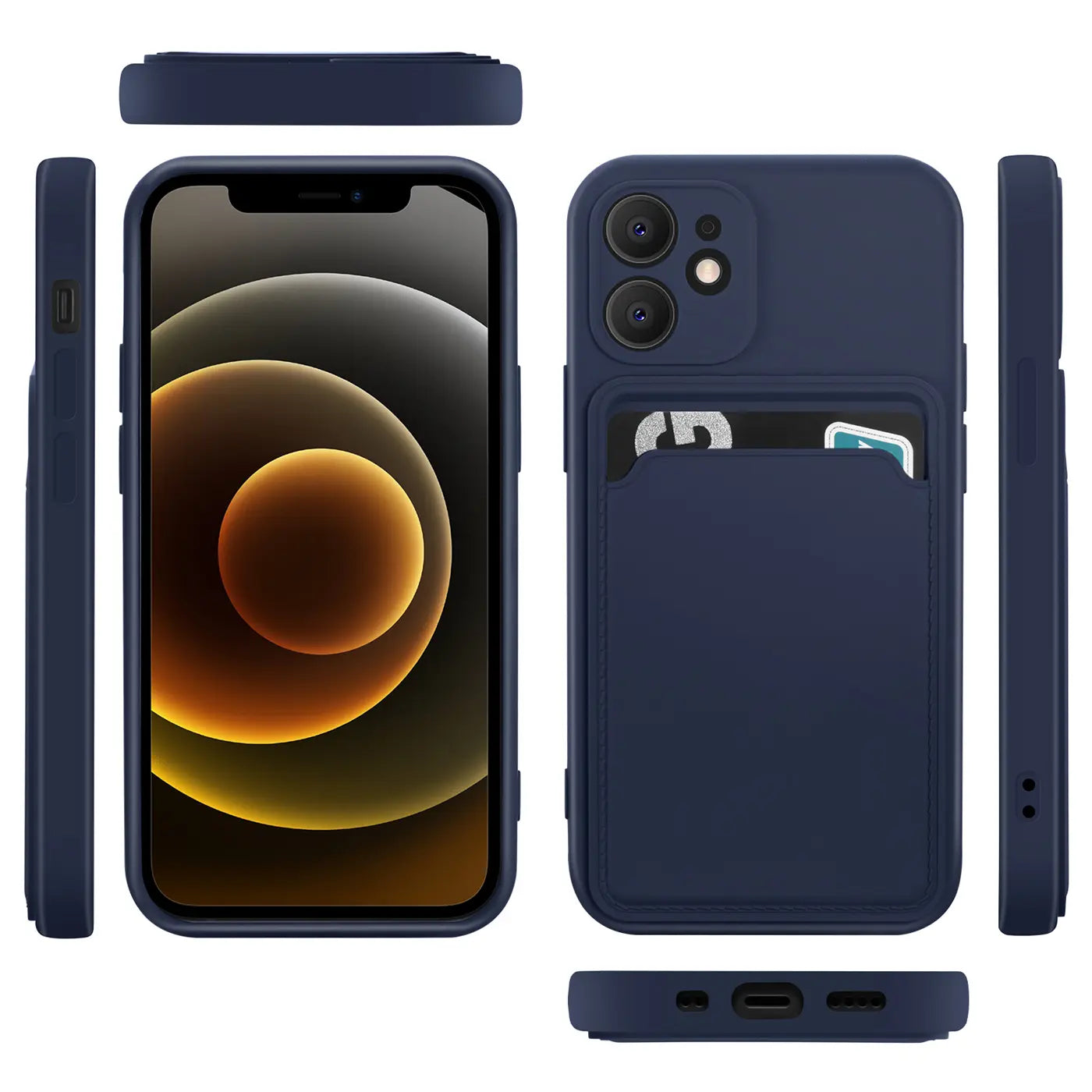 Dunkelblaue Hülle aus Silikon für iPhone 12 Mini mit Kartenfach, verschiedene Ansichten.