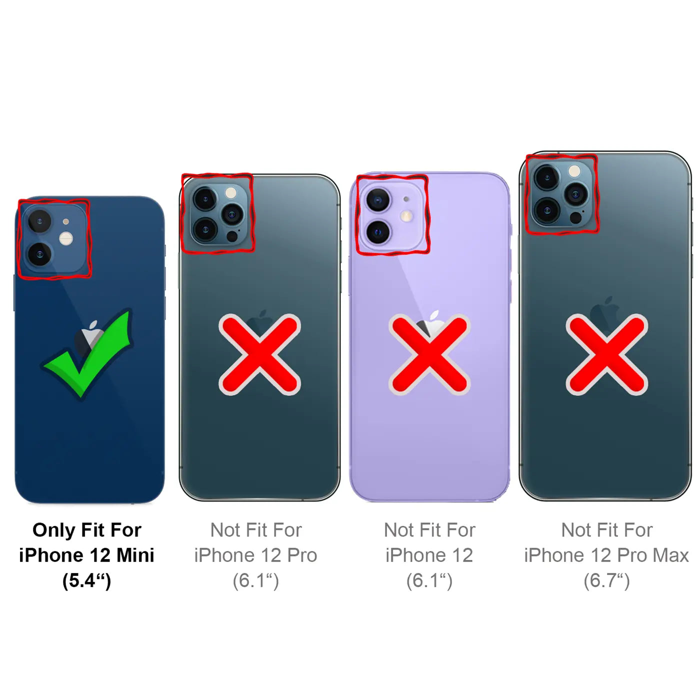 Vier iPhones, Rückansicht. Blaues iPhone 12 Mini mit Haken. Andere iPhones mit roten Kreuzen.