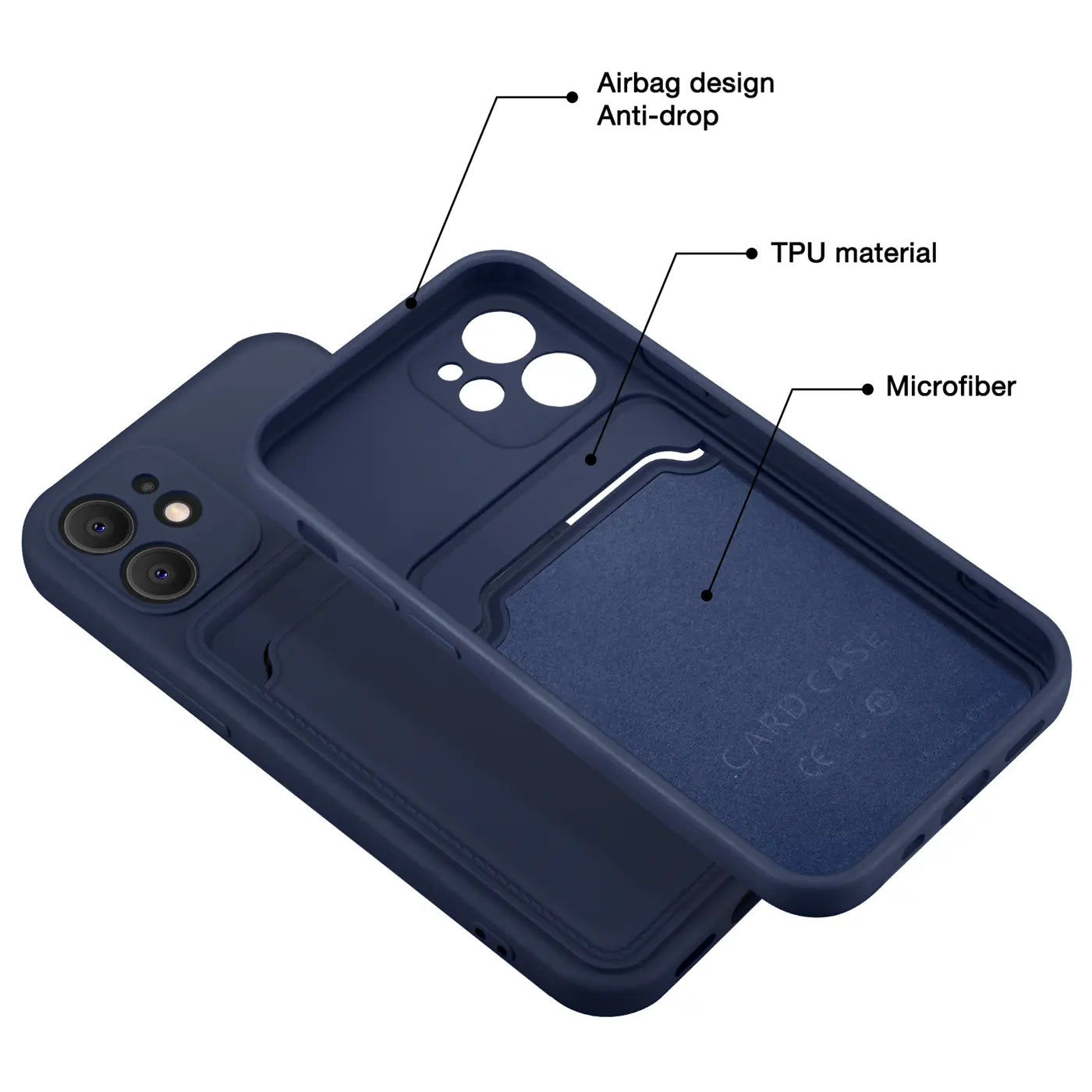 Dunkelblaue TPU-Hülle mit Kartenfach für iPhone 12 Mini, von oben gezeigt.