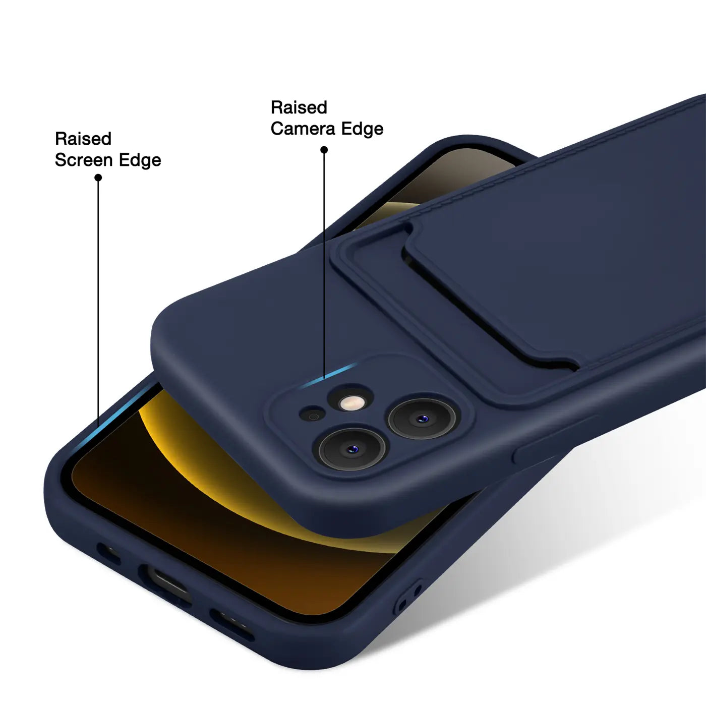 Dunkelblaue Hülle aus Kunststoff mit Kartenfach, schräg von oben auf iPhone 12 Mini