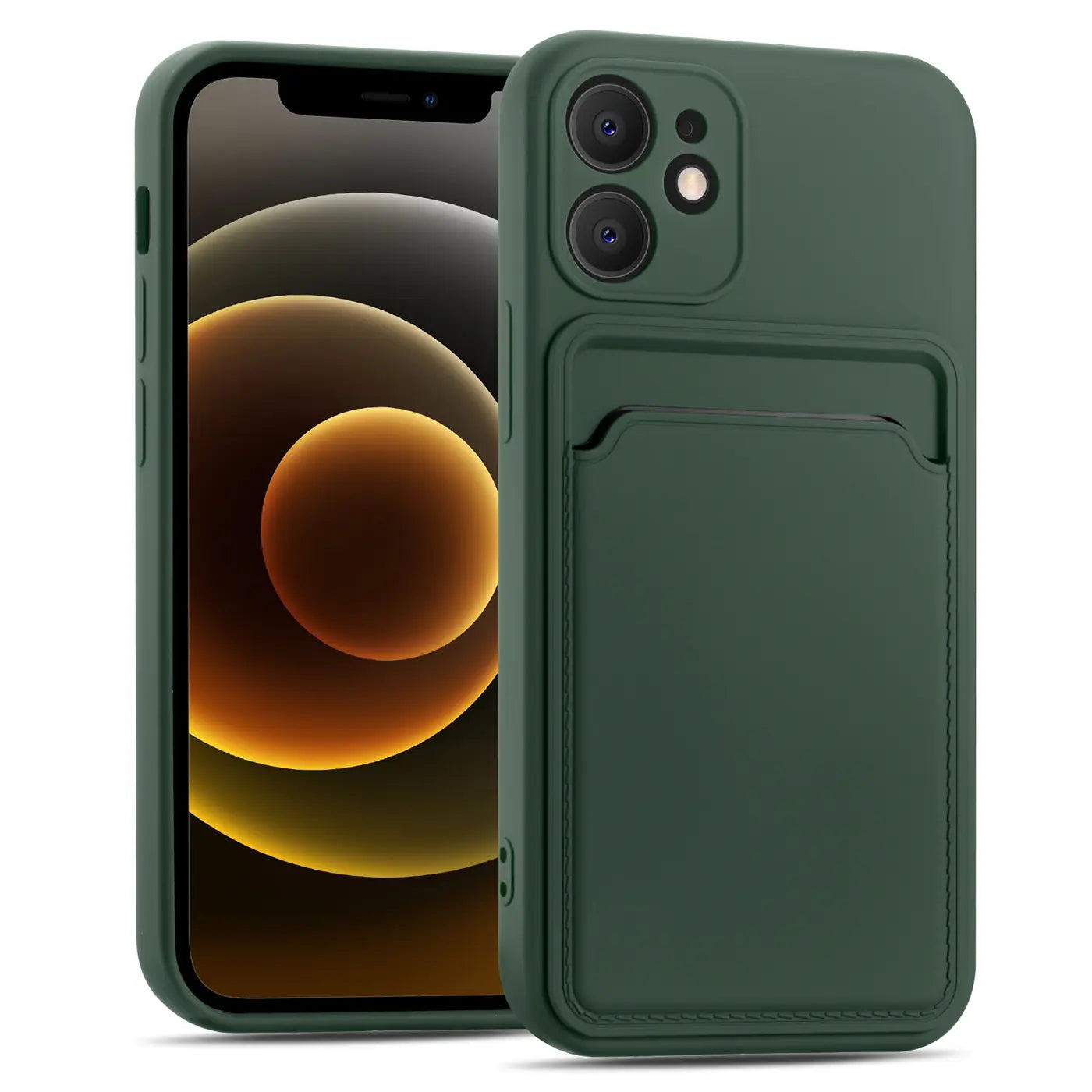 Dunkelgrüne Slim Hülle aus Leder mit Kartenfach für iPhone 12 Mini, von vorne links