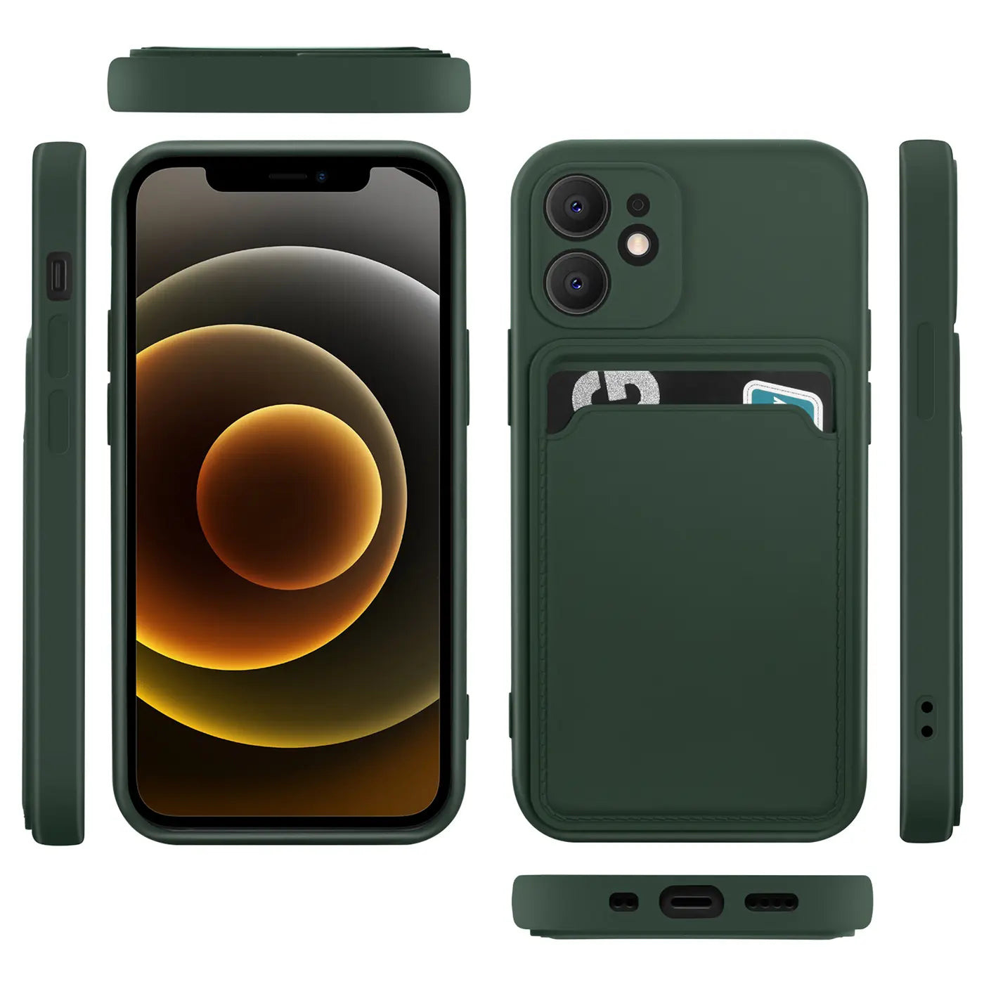 Dunkelgrüne Slim Hülle mit Kartenfach für iPhone 12 Mini, verschiedene Ansichten