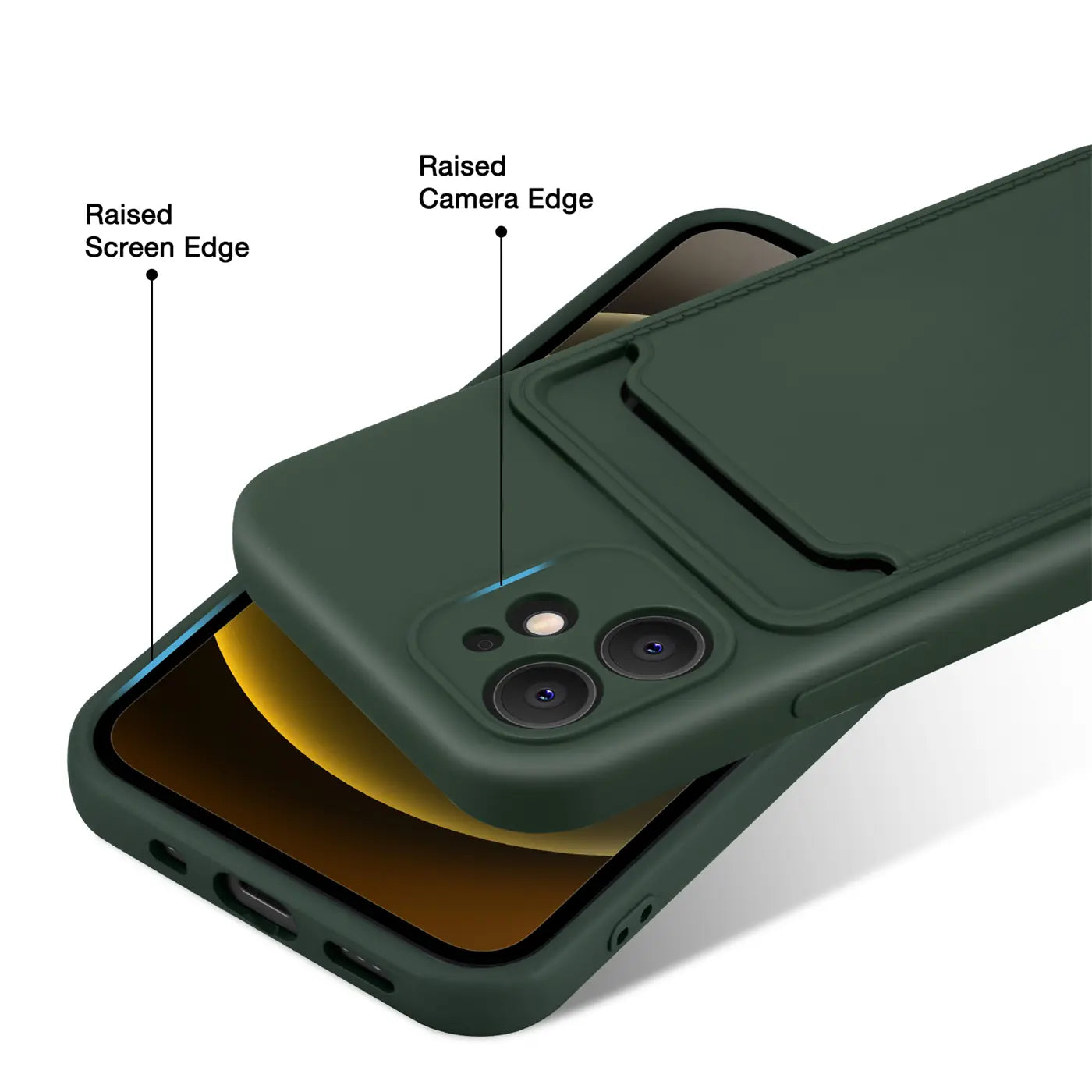 Dunkelgrüne Slim Hülle mit Kartenfach für iPhone 12 Mini, von oben rechts.