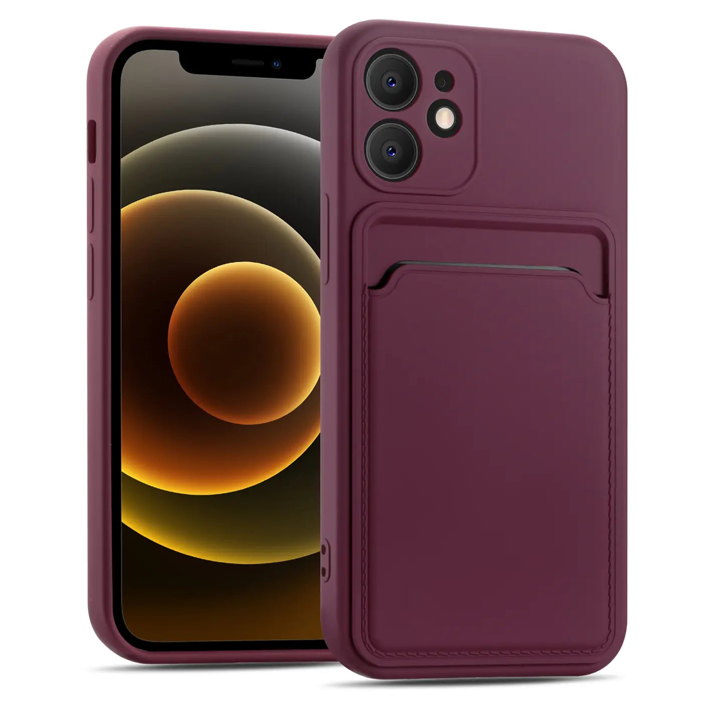 Dunkelrote Handyhülle aus Kunstleder mit Kartenfach, seitliche Ansicht, iPhone 12 Mini.