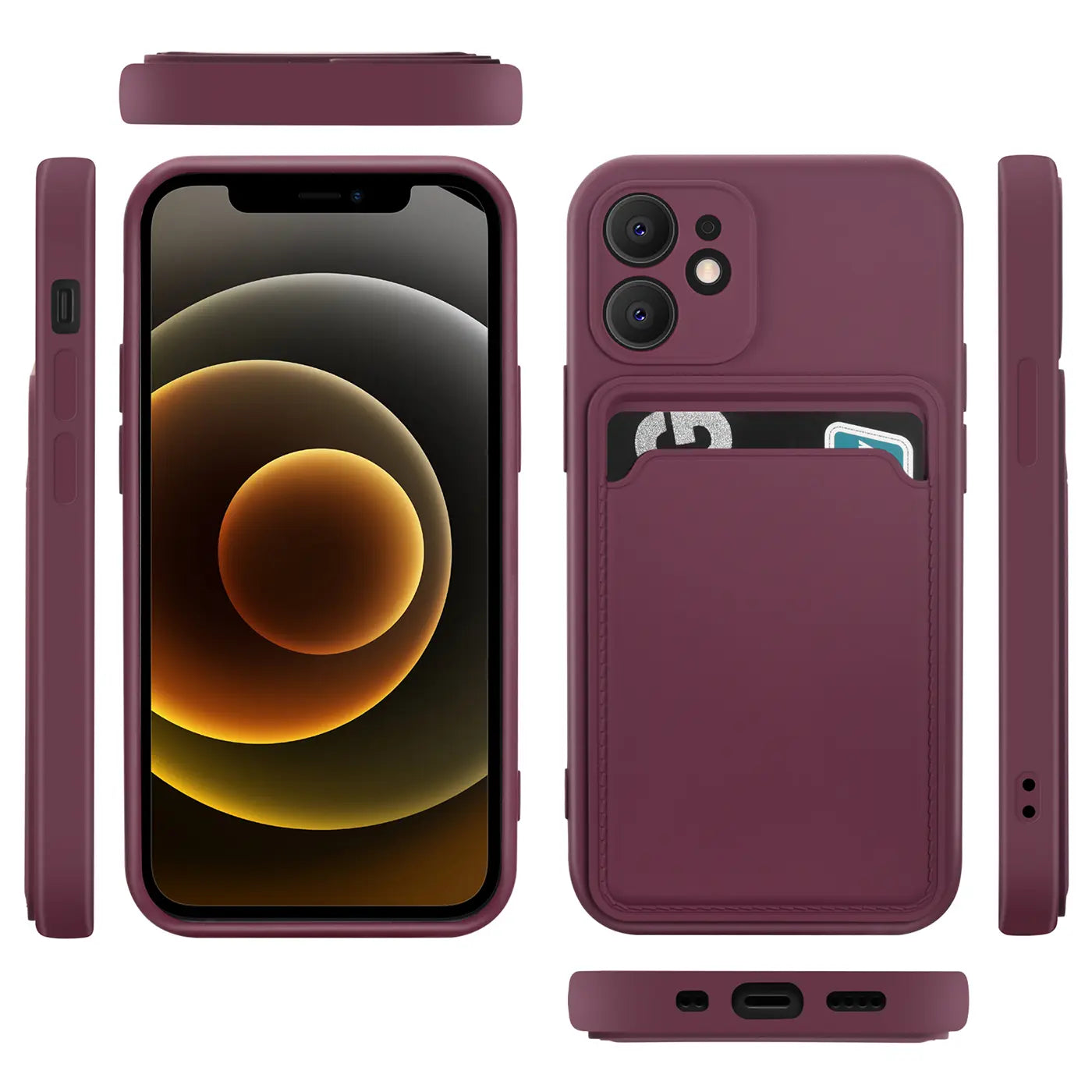 Dunkelrote Hülle mit Kartenfach für iPhone 12 Mini, verschiedene Ansichten
