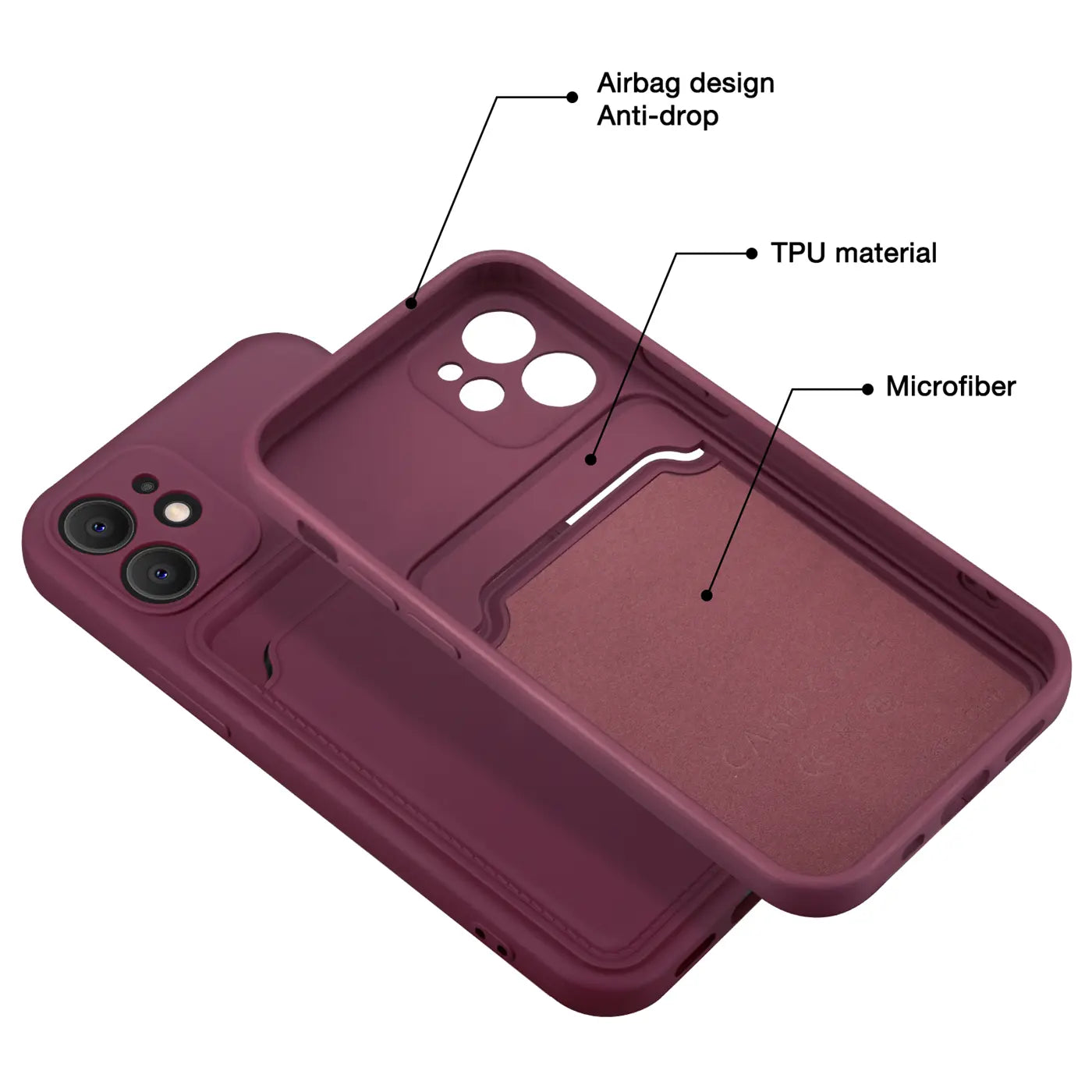 Dunkelrote TPU-Hülle mit Kartenfach, Innenfutter aus Mikrofaser, für iPhone 12 Mini.