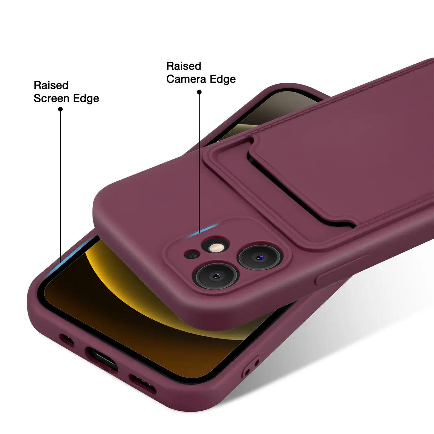 Dunkelrote Hülle mit Kartenfach für iPhone 12 Mini, von schräg oben
