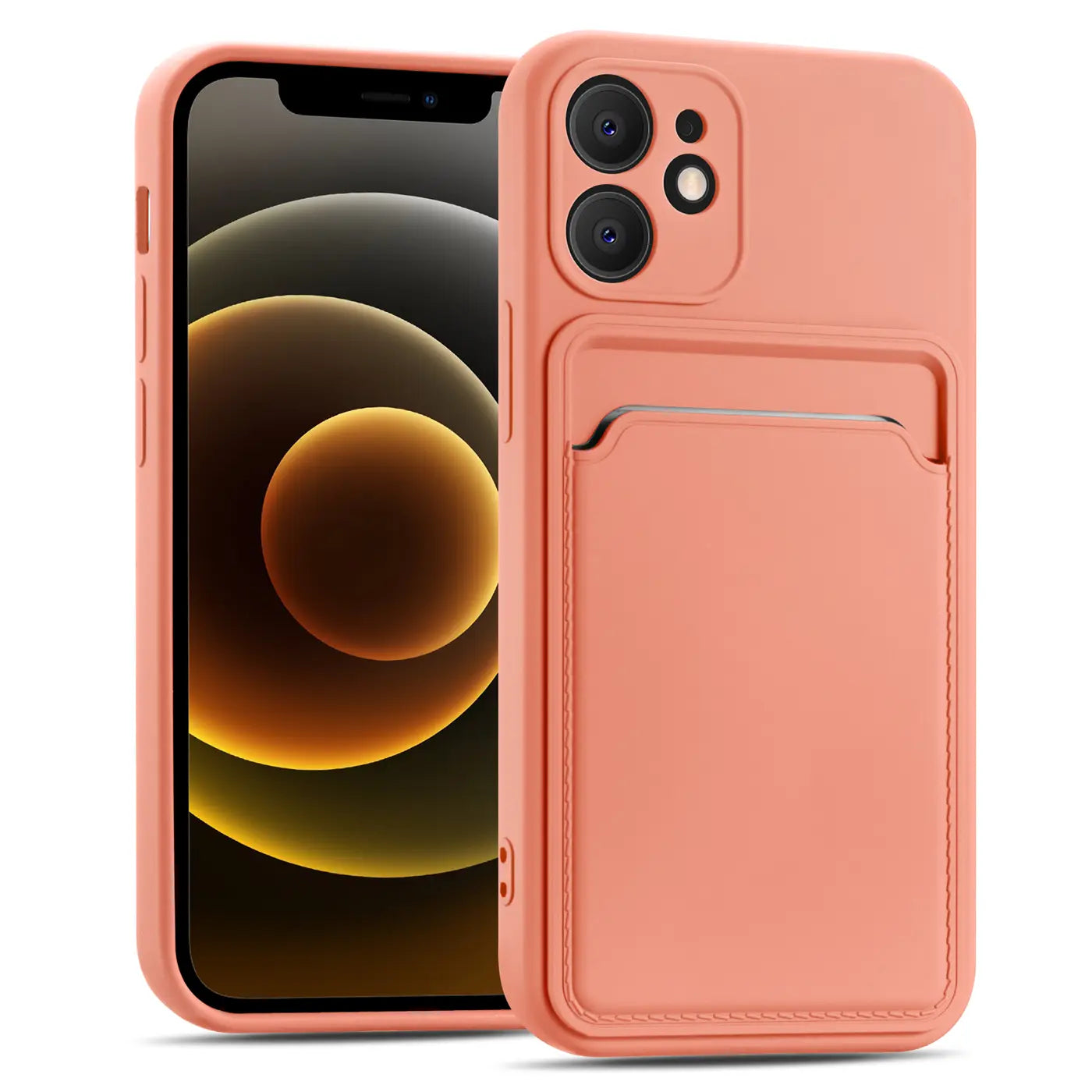 Korallenfarbene Hülle mit Kartenfach für iPhone 12 Mini, von vorne, Lederoptik.