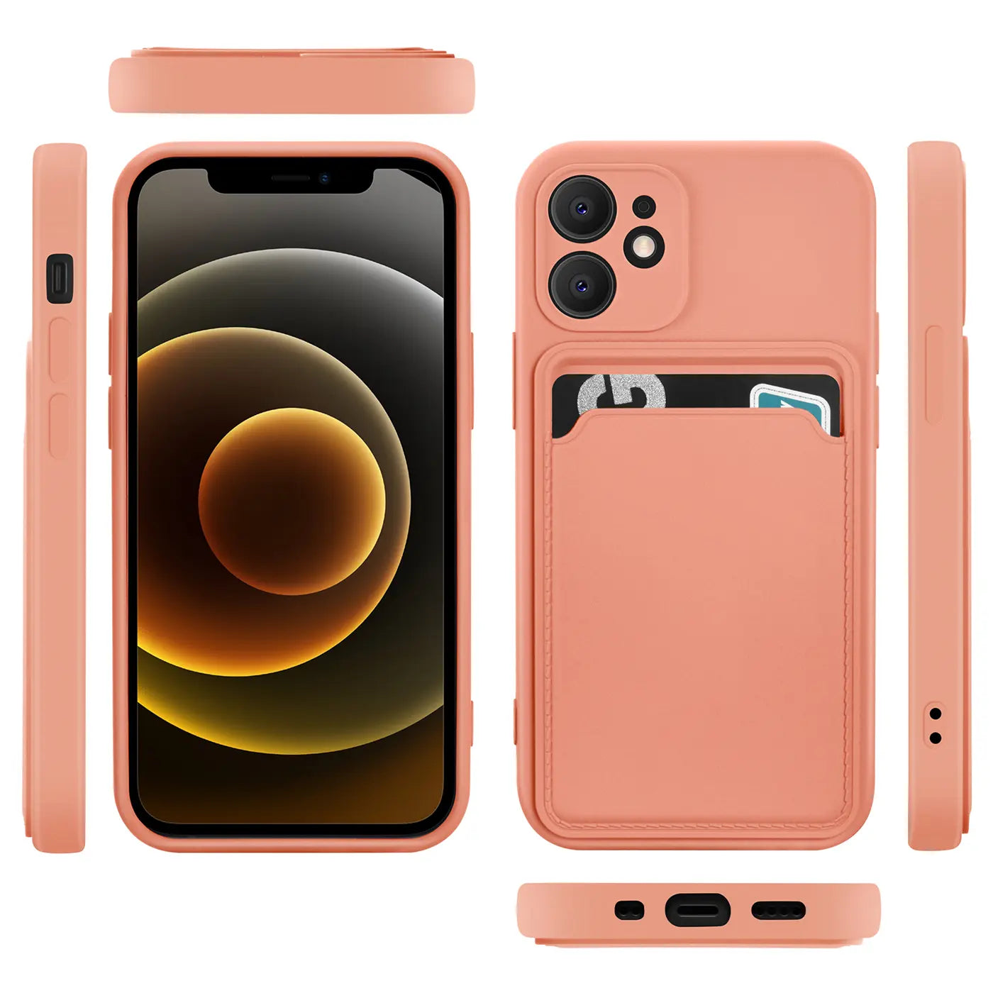 Korallefarbene Hülle mit Kartenfach für iPhone 12 Mini, verschiedene Ansichten.