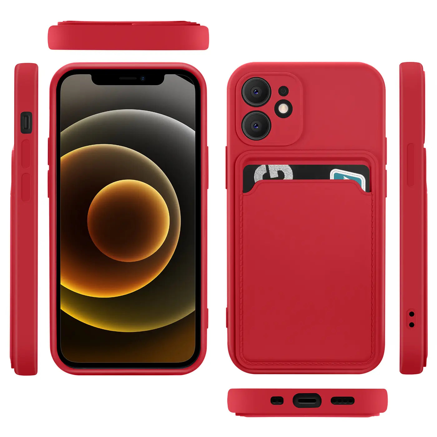 Rote Hülle mit Kartenfach für iPhone 12 Mini, verschiedene Ansichten.