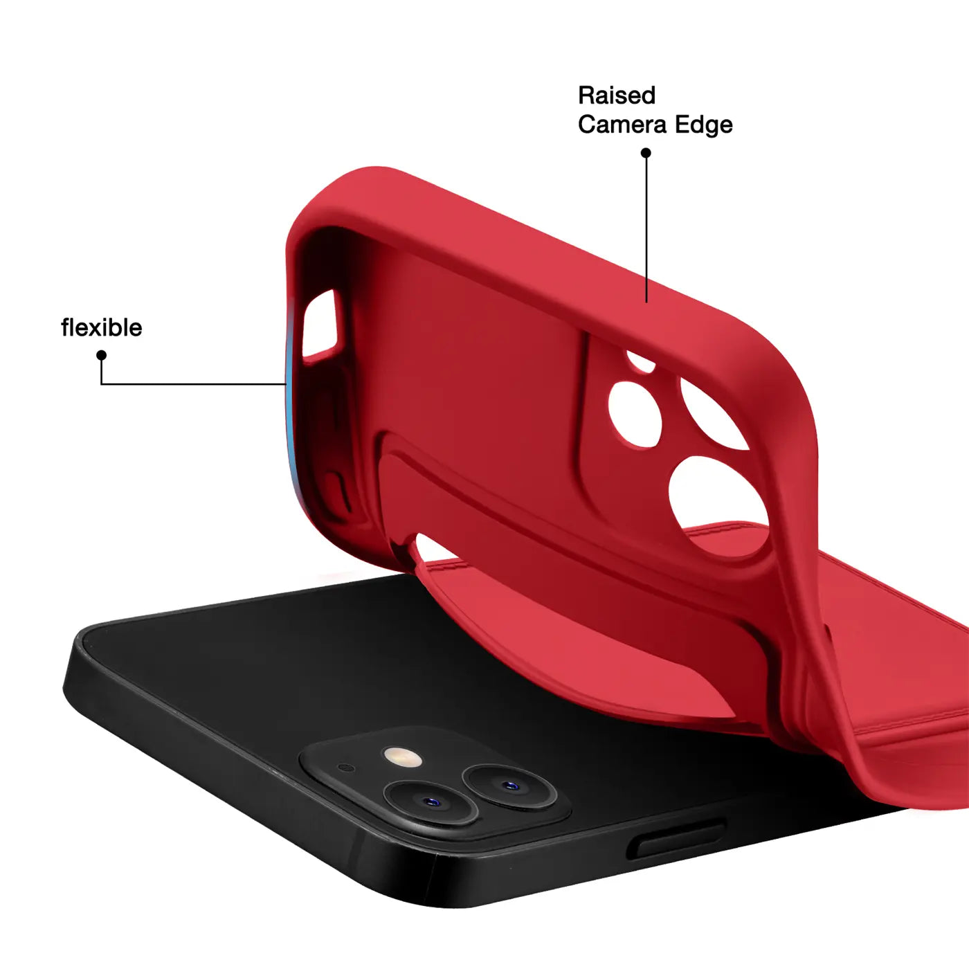 Rote, flexible Hülle über schwarzem iPhone 12 Mini, Seitenansicht.