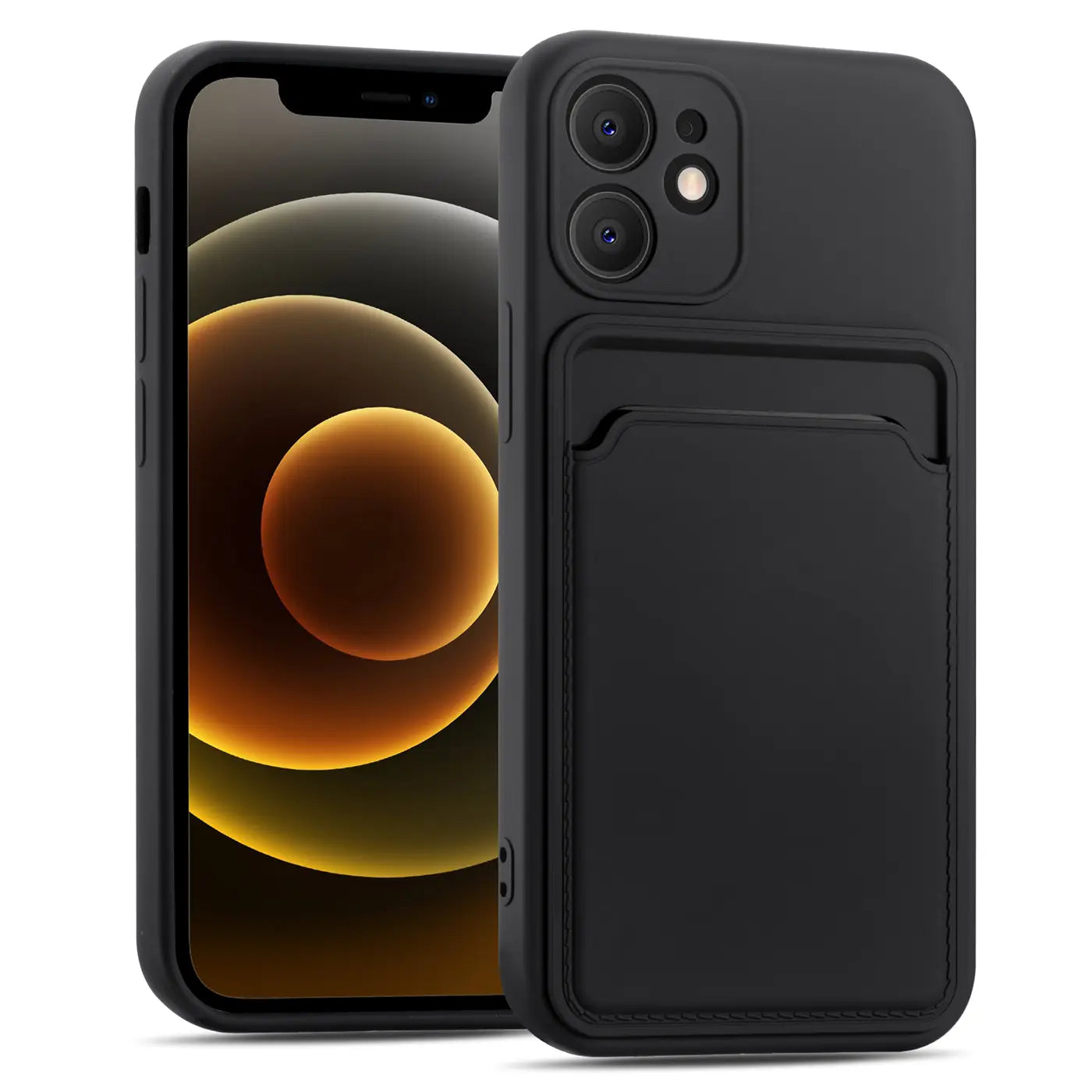 Schwarze Handyhülle aus Kunstleder mit Kartenfach, Vorderansicht, iPhone 12 Mini.