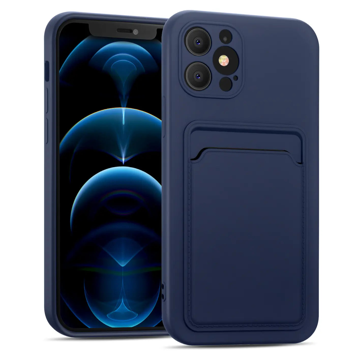 Dunkelblaue Slim Hülle aus Silikon mit Kartenfach für iPhone 12 Pro, Seitenansicht.