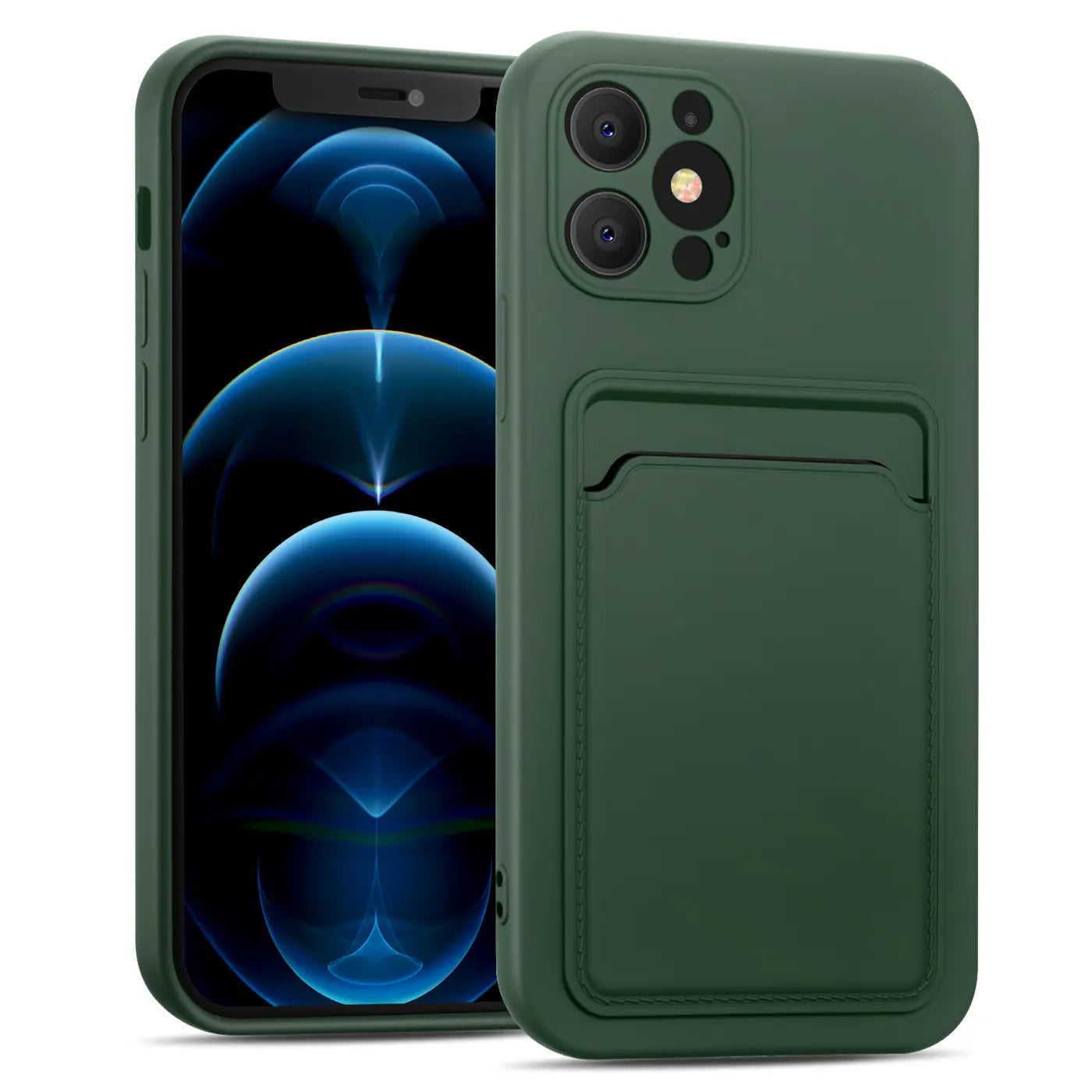 Dunkelgrüne Slim Hülle aus Kunststoff mit Kartenfach für iPhone 12 Pro, von vorne/seitlich.