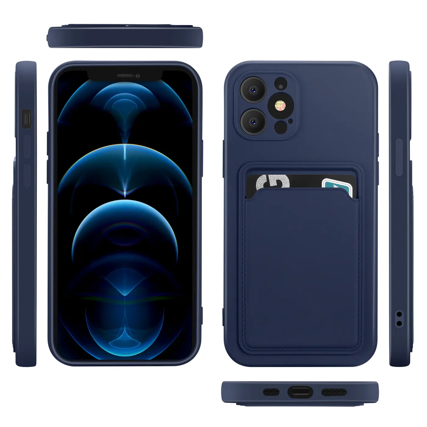 Dunkelblaue Hülle aus Kunststoff mit Kartenfach für iPhone 12 Pro Max, verschiedene Ansichten.