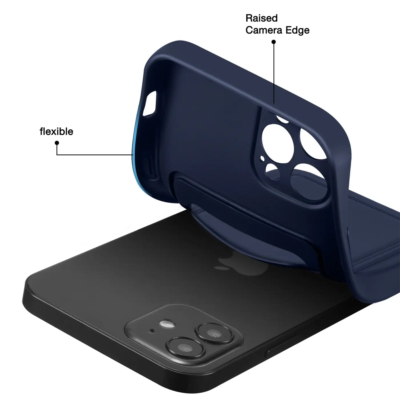 Dunkelblaue Hülle aus flexiblem Material wird auf iPhone 12 Pro Max aufgesetzt.