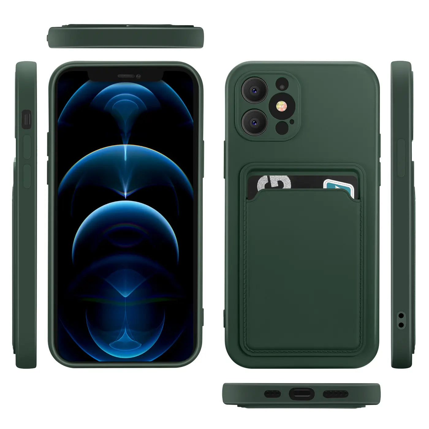 Dunkelgrüne Handyhülle aus Kunststoff mit Kartenfach für iPhone 12 Pro Max, verschiedene Ansichten.