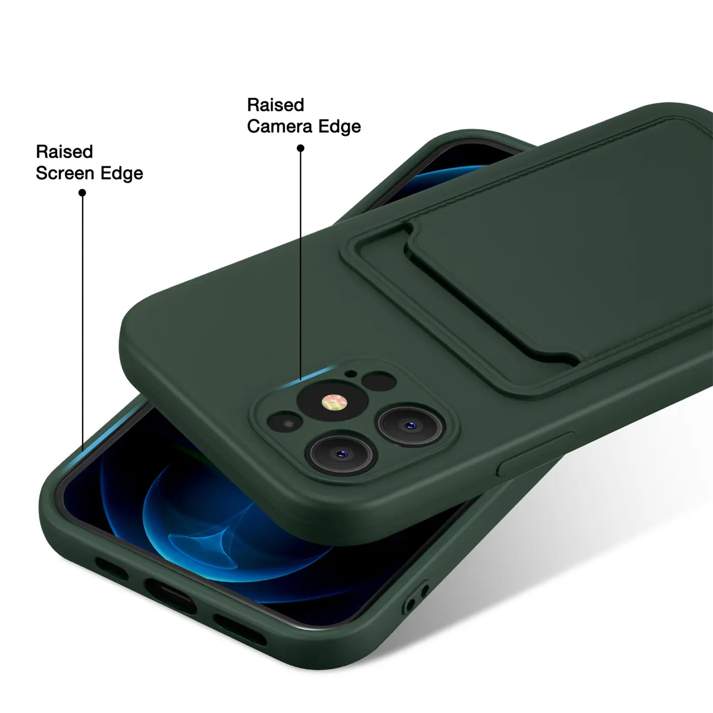 Dunkelgrüne Slim Hülle mit Kartenfach, von oben/seitlich, auf iPhone 12 Pro Max