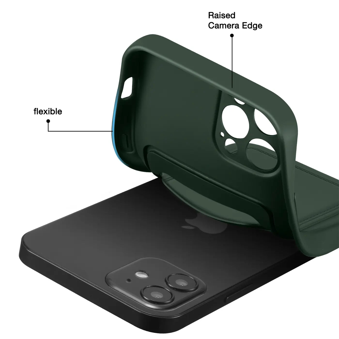 Dunkelgrüne Hülle aus flexiblem Material, die auf ein schwarzes iPhone 12 Pro Max aufgesetzt wird.