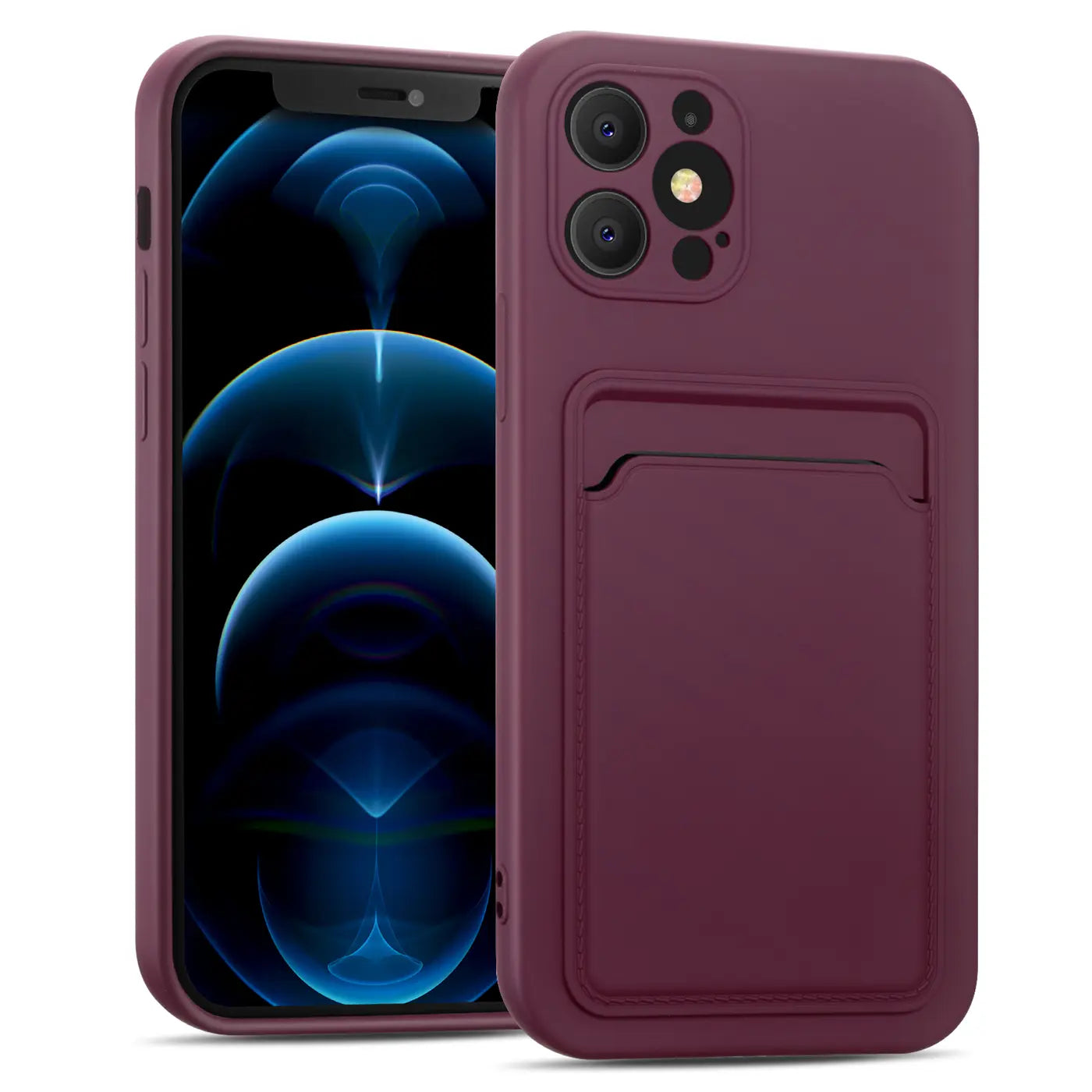 Dunkelrote Slim Hülle mit Kartenfach für iPhone 12 Pro Max, von vorne/seitlich