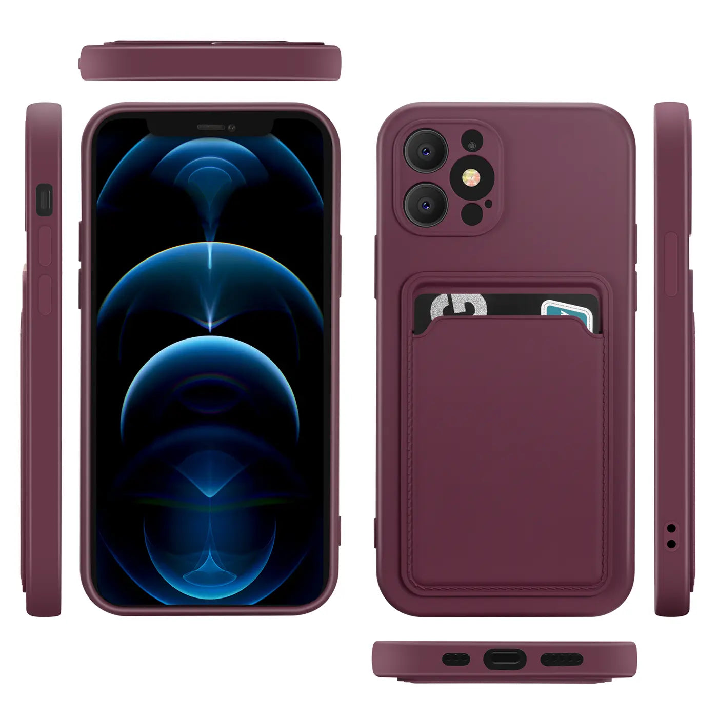 Dunkelrote Slim Hülle mit Kartenfach für iPhone 12 Pro Max, verschiedene Ansichten