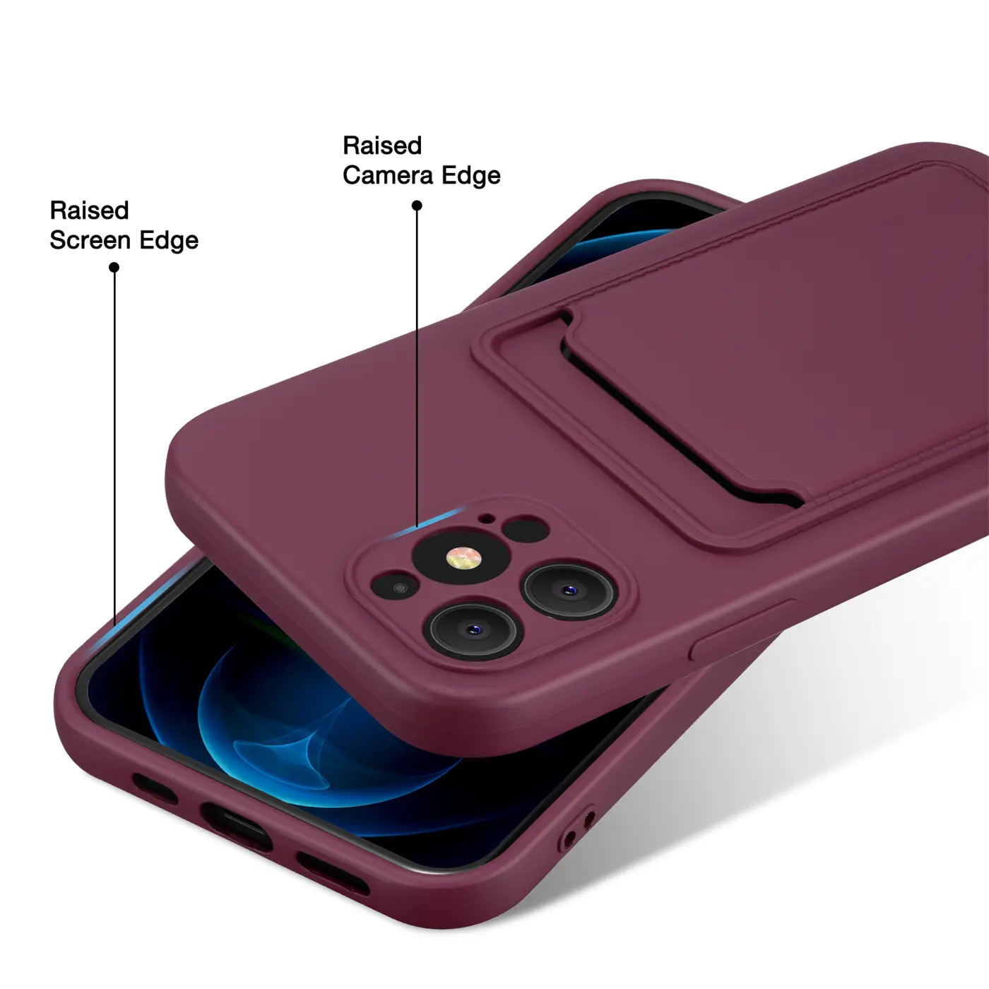 Dunkelrote Handyhülle aus Kunststoff mit Kartenfach für iPhone 12 Pro Max, von schräg oben.