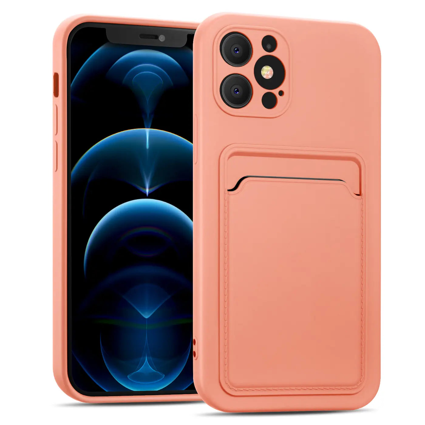 Korallenfarbene Slim Hülle aus Silikon mit Kartenfach für iPhone 12 Pro Max, Seitenansicht.