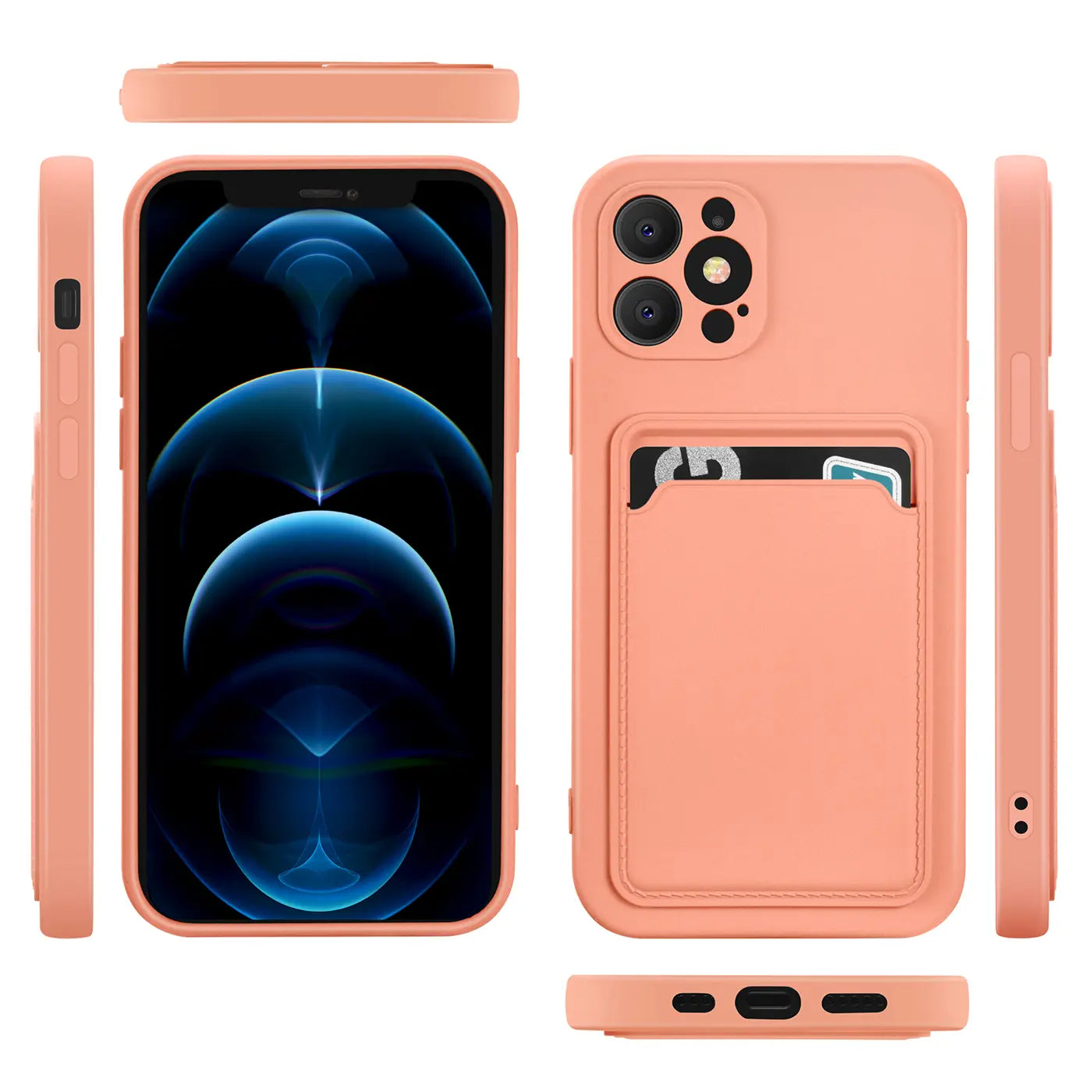 Pfirsichfarbene Hülle aus Silikon für iPhone 12 Pro Max mit Kartenfach, verschiedene Ansichten.