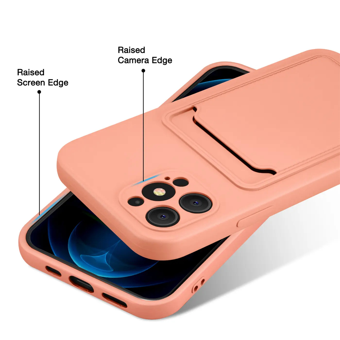 Pfirsichfarbene Slim Hülle mit Kartenfach für iPhone 12 Pro Max, von schräg oben