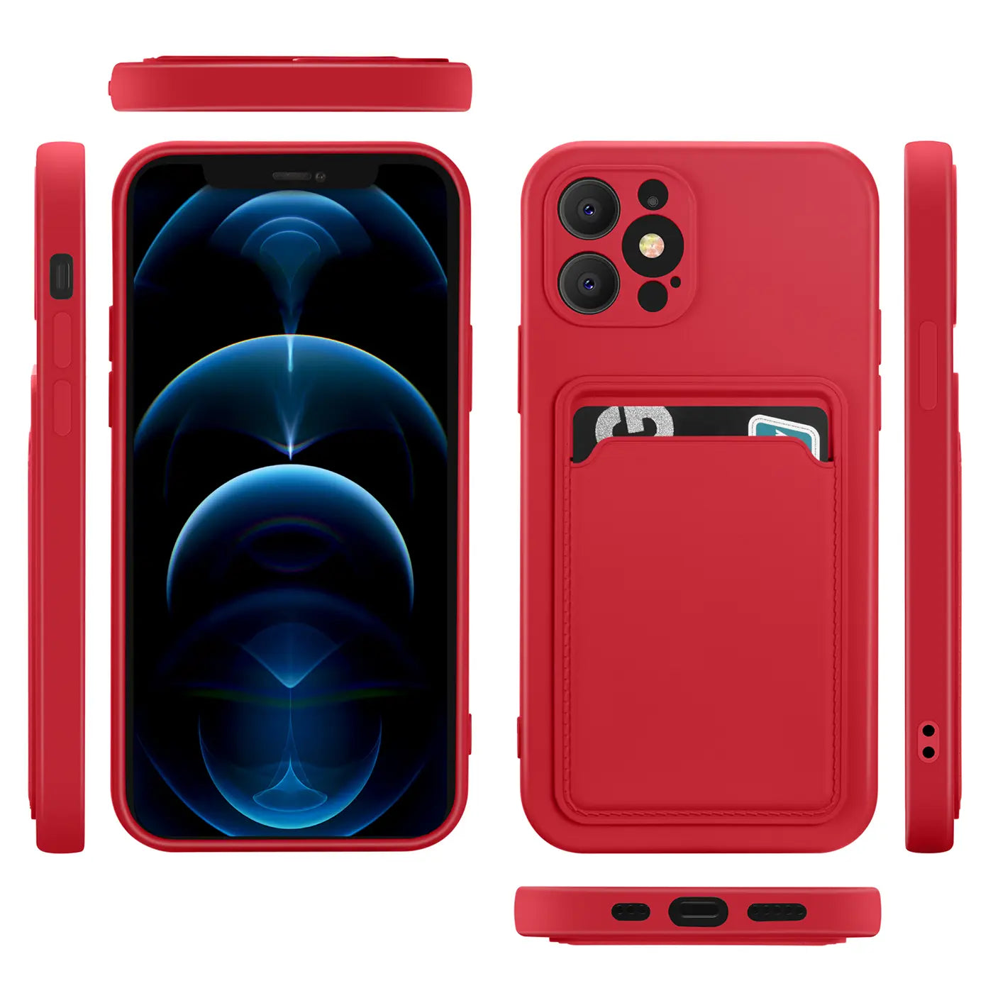Rote Hülle mit Kartenfach für iPhone 12 Pro Max, verschiedene Ansichten.