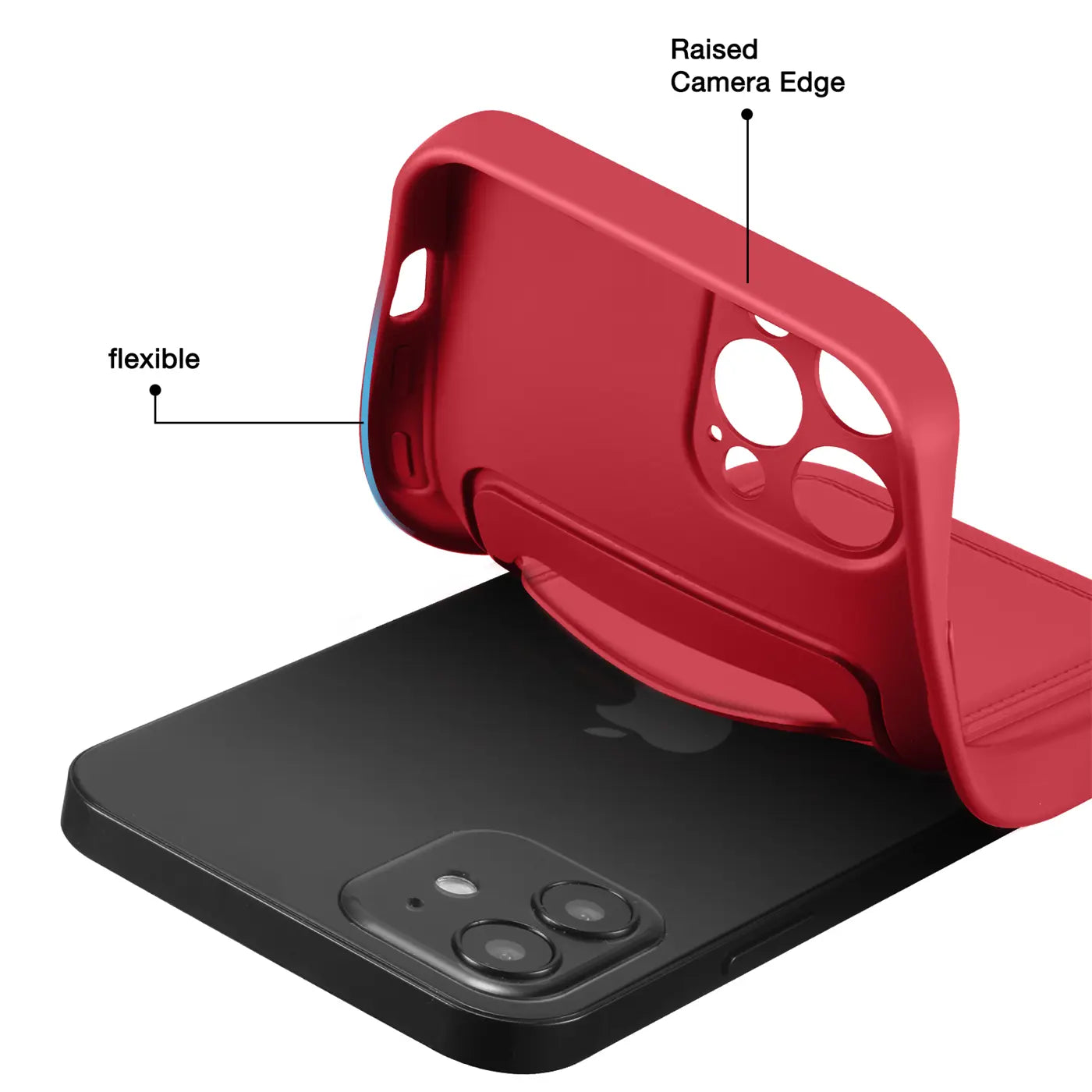 Rote flexible Hülle aus Kunststoff, die über ein schwarzes iPhone 12 Pro Max gelegt wird.