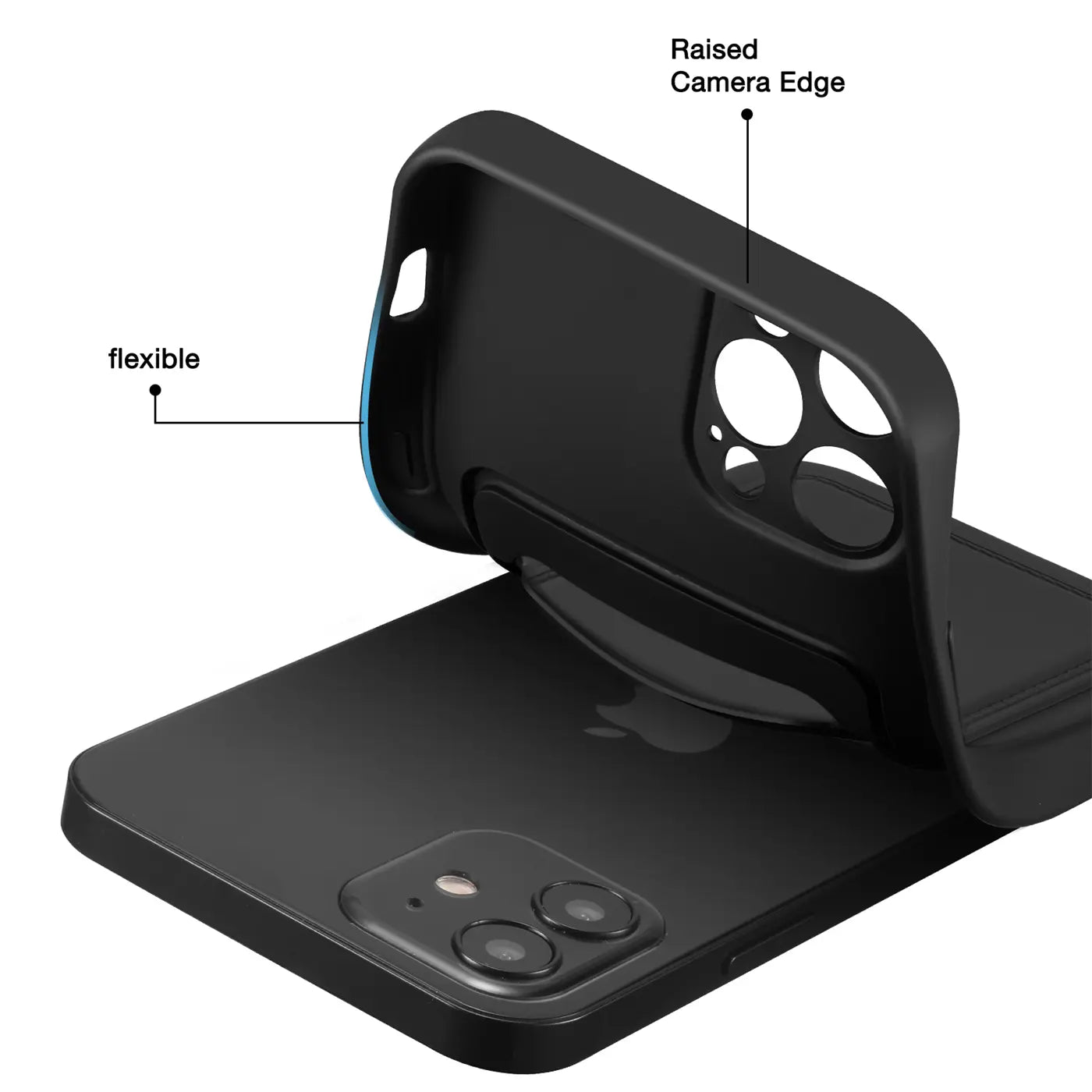 Schwarze Hülle aus flexiblem Material, seitliche Ansicht, auf iPhone 12 Pro Max