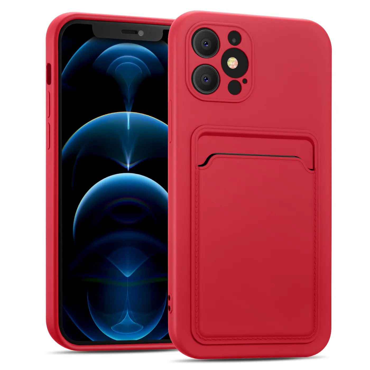 Rote Slim Hülle mit Kartenfach für iPhone 12 Pro, von vorne/seitlich