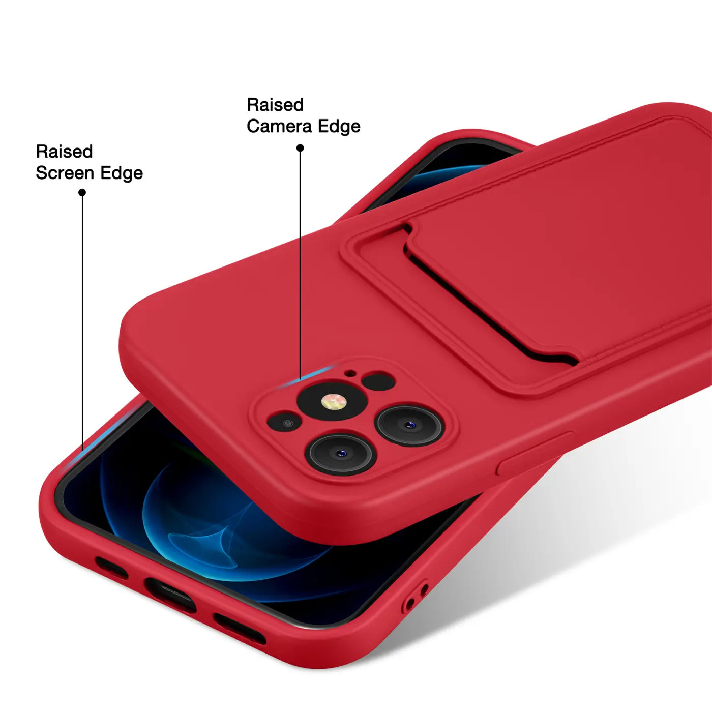 Rote Handyhülle aus Kunststoff mit Kartenfach, von schräg oben auf iPhone 12 Pro.