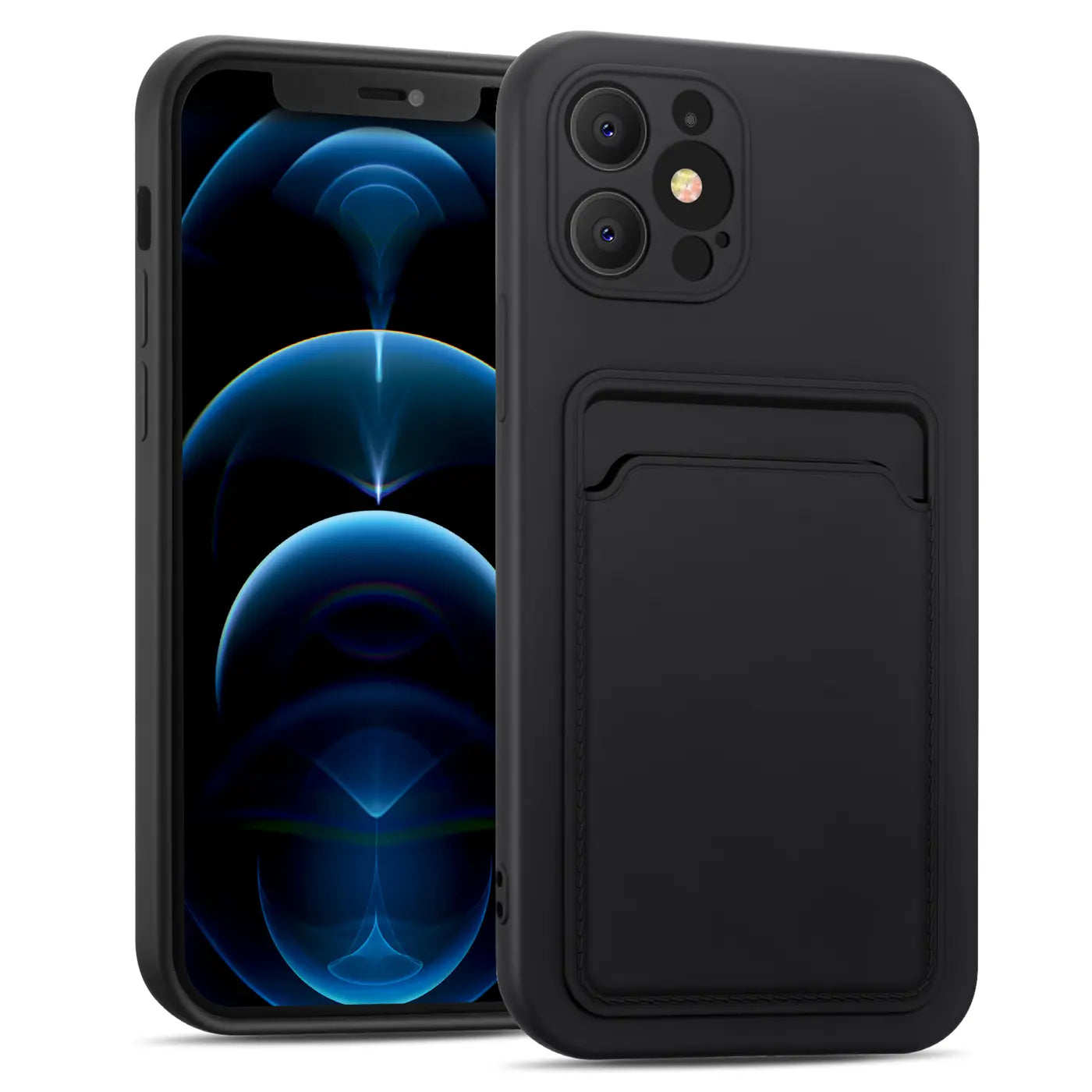 Schwarze Slim Hülle aus Kunststoff mit Kartenfach für iPhone 12 Pro, von vorne links gesehen.