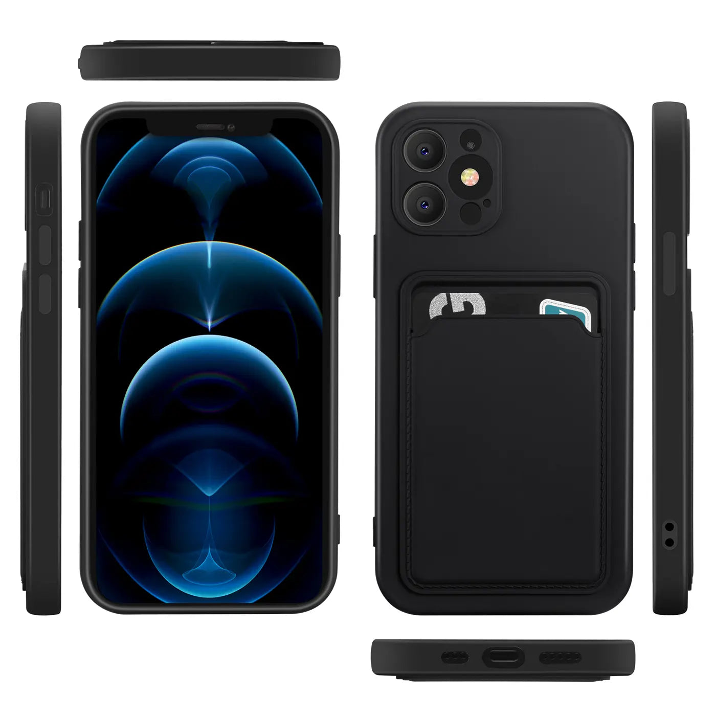 iPhone 12 Pro Hülle, schwarz, Kunststoff, verschiedene Ansichten, Kartenfach