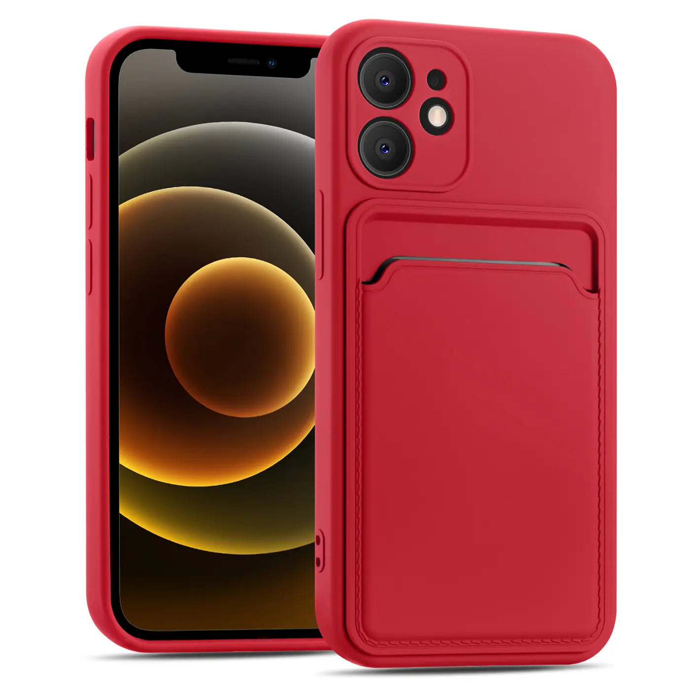 Rote Slim Hülle aus Silikon mit Kartenfach für iPhone 12, von vorne links.