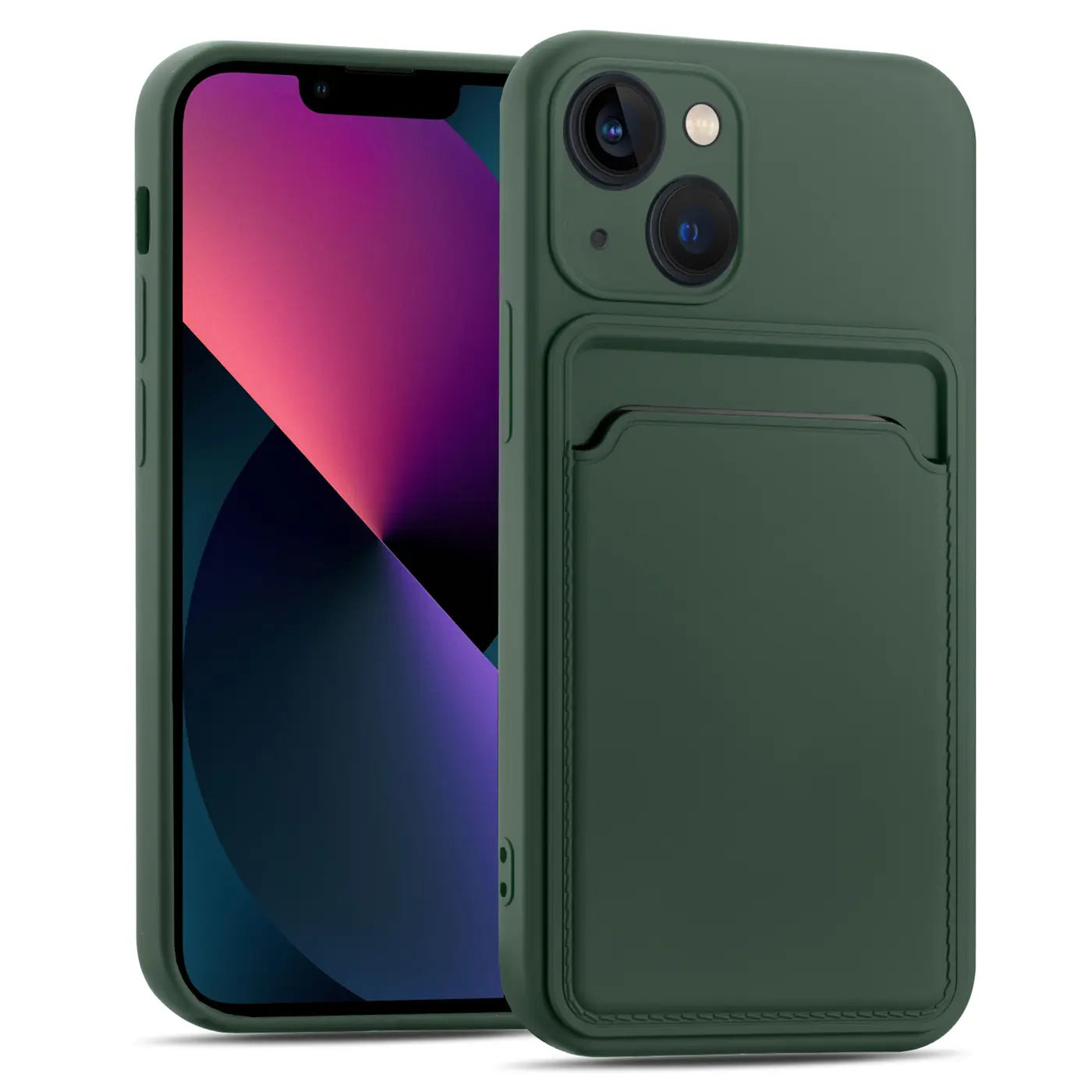 Dunkelgrüne Handyhülle aus Leder mit Kartenfach, iPhone 13, von vorne links gesehen.